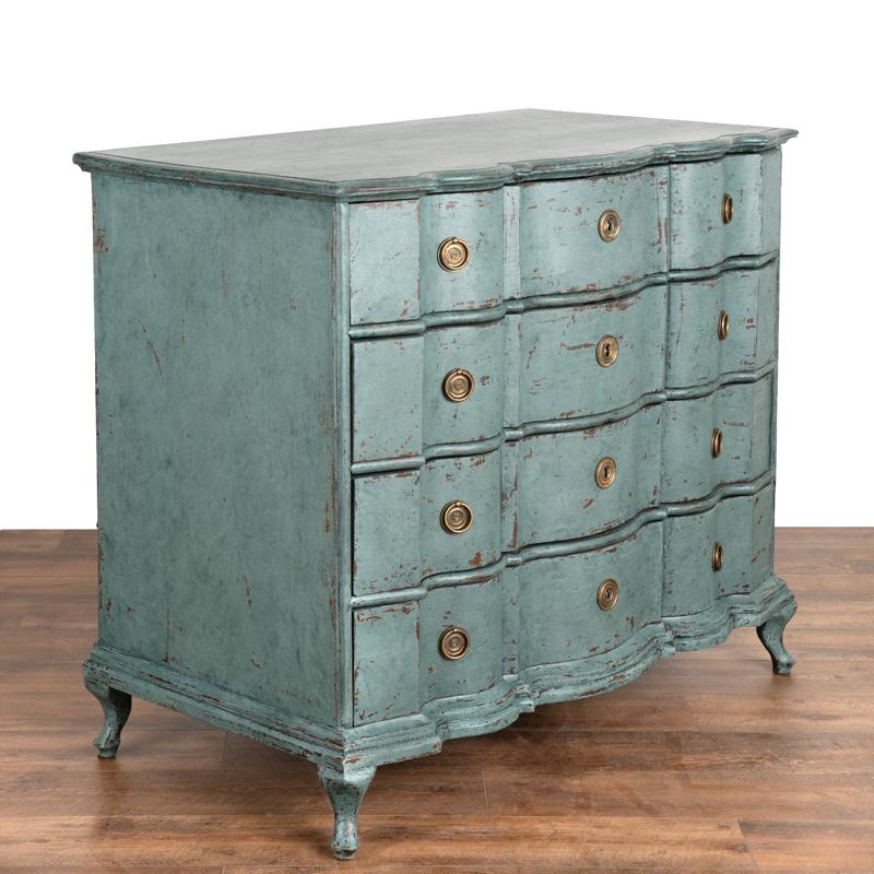 This impressive large oak chest of drawers is quite dramatic thanks to the (newer) blue professionally applied painted finish accenting the Rococo curves and cabriolet feet. Please examine photos to appreciate the beautiful layered painted finish,