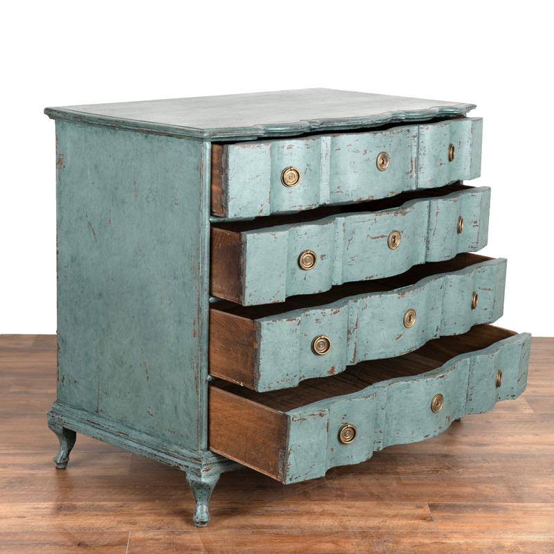 Danish Large Antique Rococo Oak Chest of Drawers With Blue Painted Finish Circa 1800's