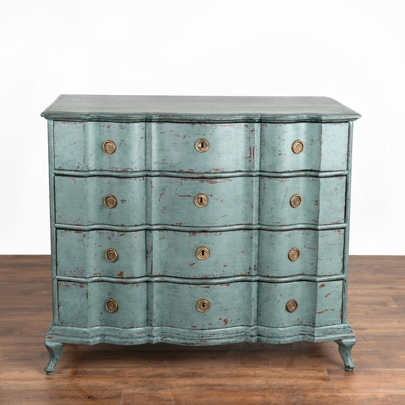 Large Antique Rococo Oak Chest of Drawers With Blue Painted Finish Circa 1800's In Good Condition In Round Top, TX