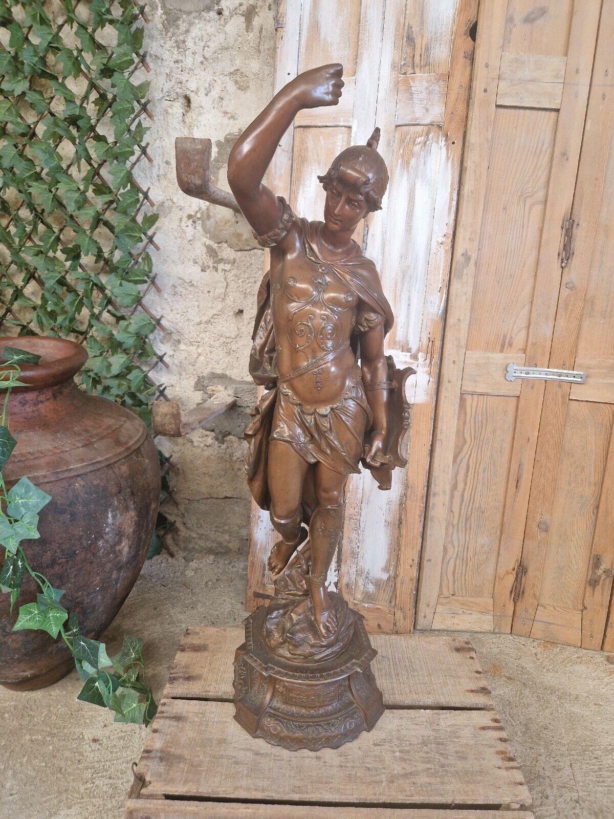 Known as Mercury to the Romans, Hermes is an Olympian god in Greek mythology, the son of Zeus and Maia.

Bronzed Spelter

Nice Patina

French Origin

Beautiful Carved Details

Unique Piece

Signs of Age and Use - Missing sword?

Large 100cm