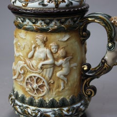 Large Antique Rorstrand Majolica Figural Porcelain Footed & Lidded Tankard c1890