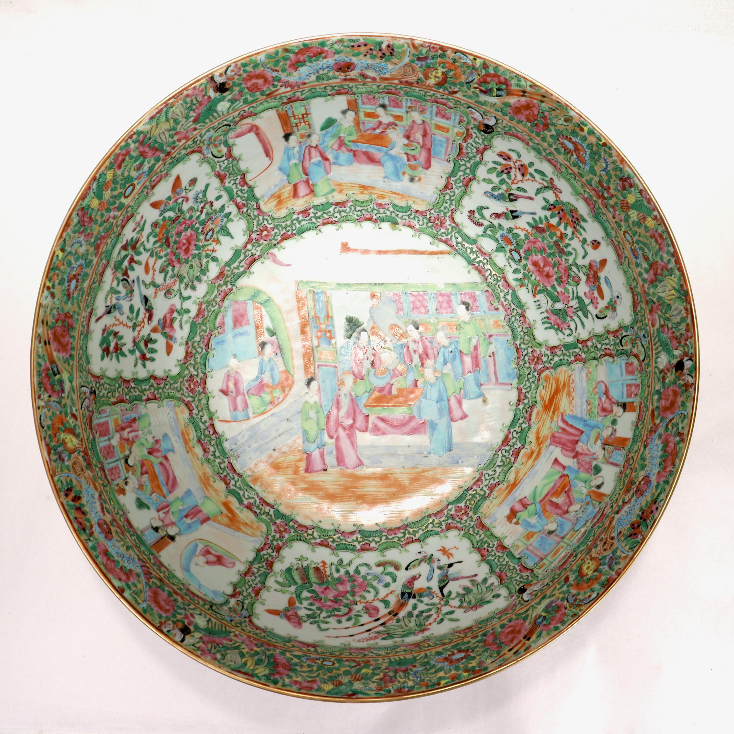 Large Antique Rose Medallion Chinese Export Porcelain Punch Bowl 3