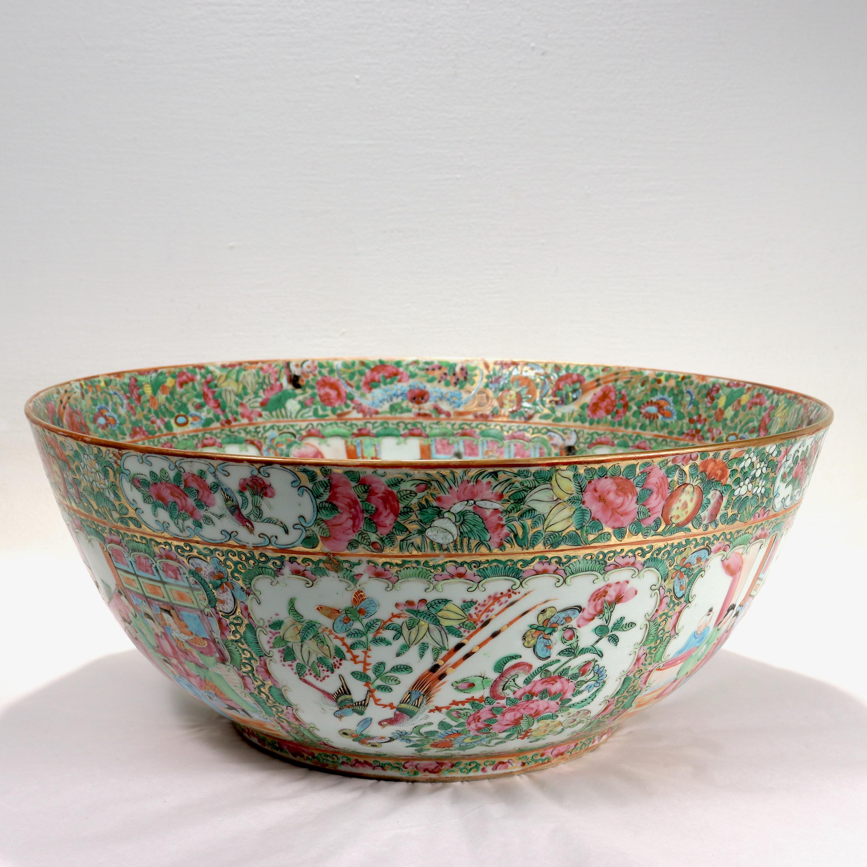 Large Antique Rose Medallion Chinese Export Porcelain Punch Bowl In Good Condition In Philadelphia, PA