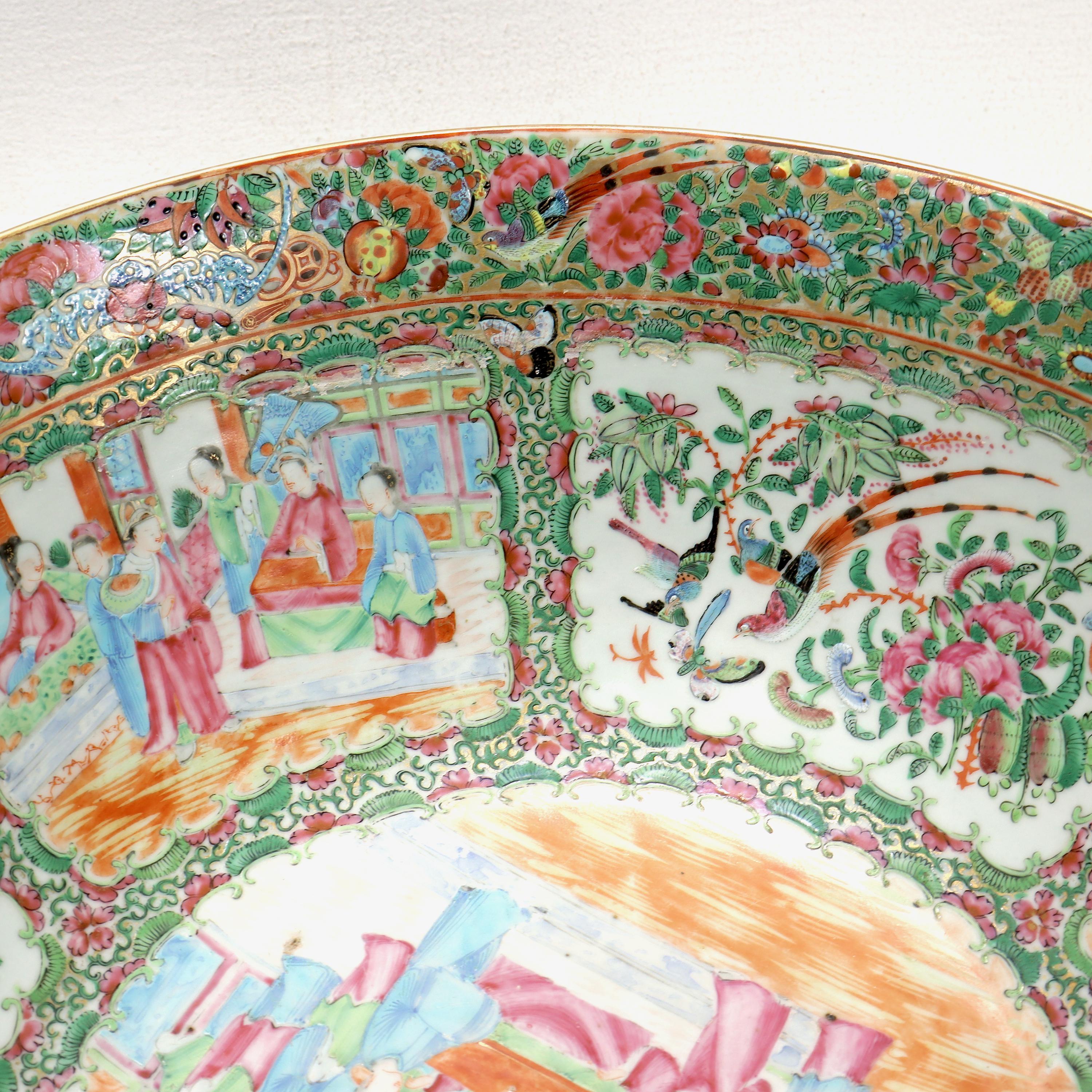 Large Antique Rose Medallion Chinese Export Porcelain Punch Bowl 1