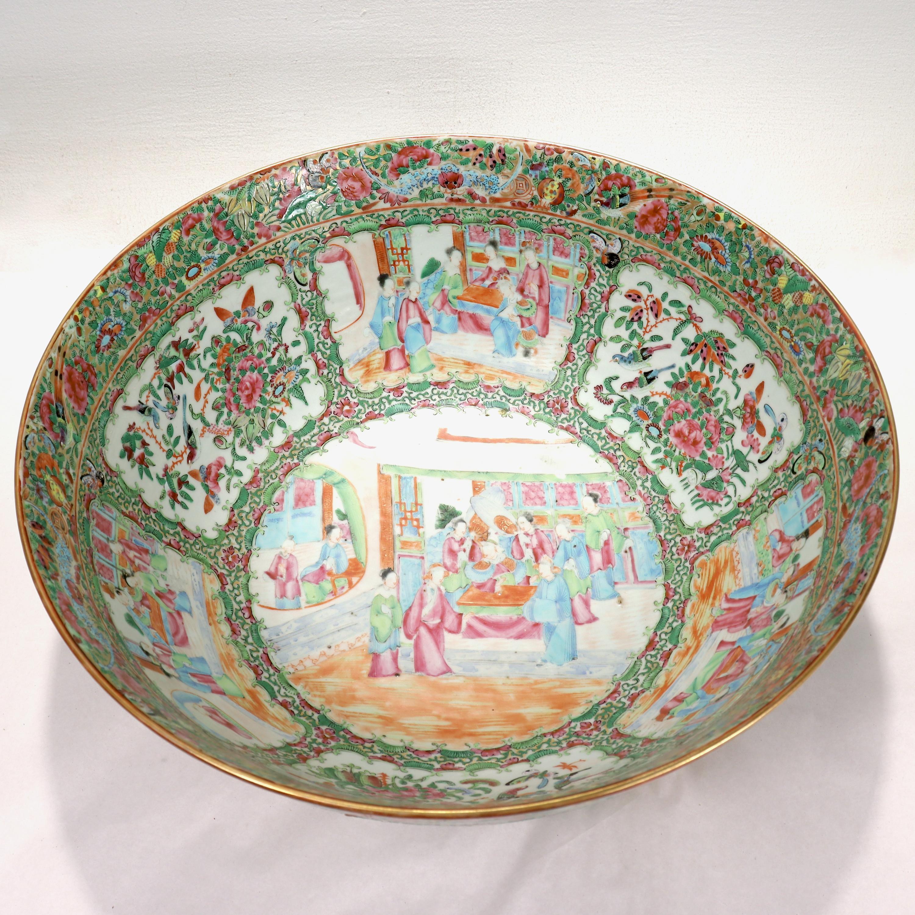 Large Antique Rose Medallion Chinese Export Porcelain Punch Bowl 2