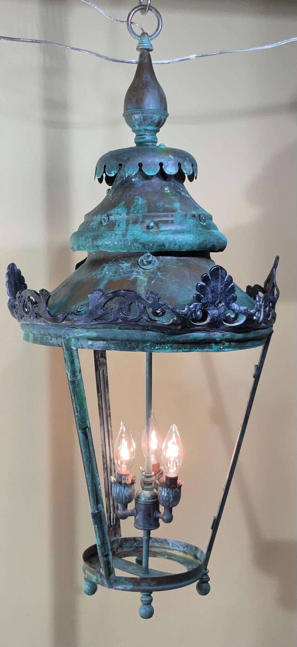 Large Antique Round  Hanging Copper Lantern For Sale 3