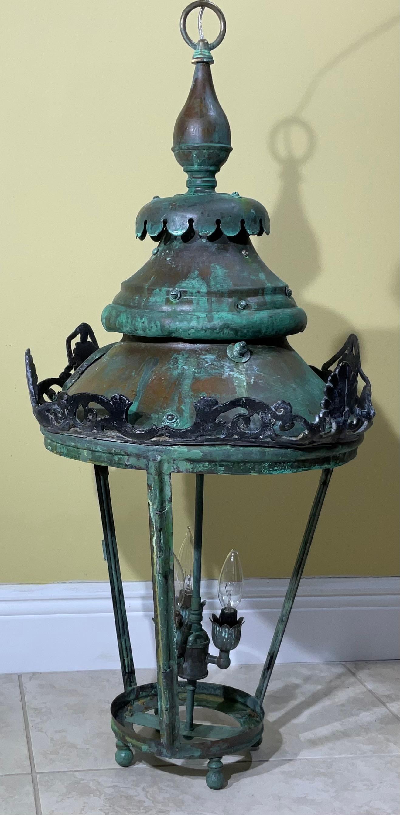Large Antique Round  Hanging Copper Lantern For Sale 6