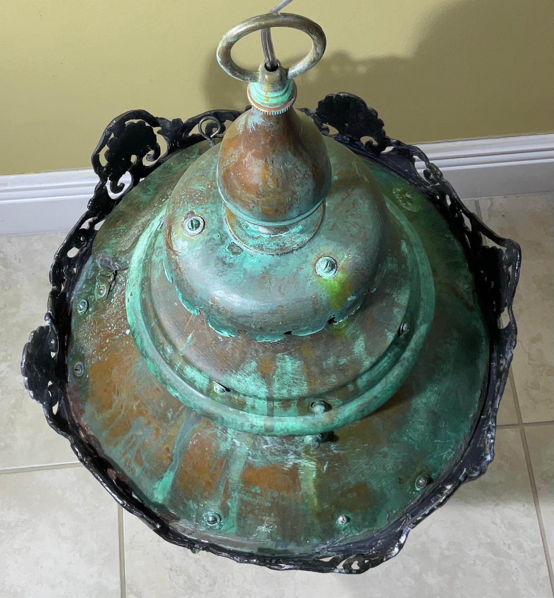 Large Antique Round  Hanging Copper Lantern For Sale 7