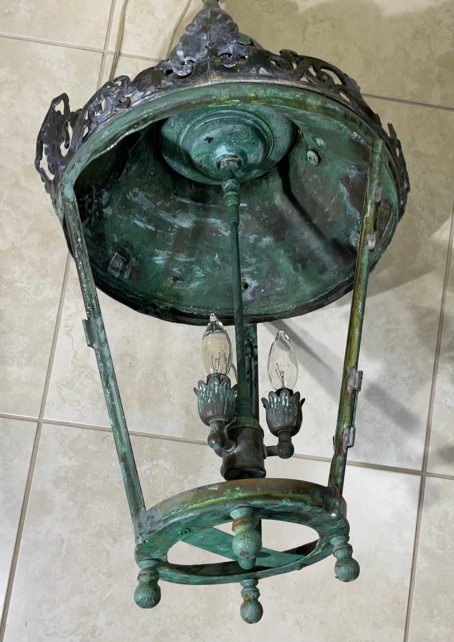 Large Antique Round  Hanging Copper Lantern For Sale 9