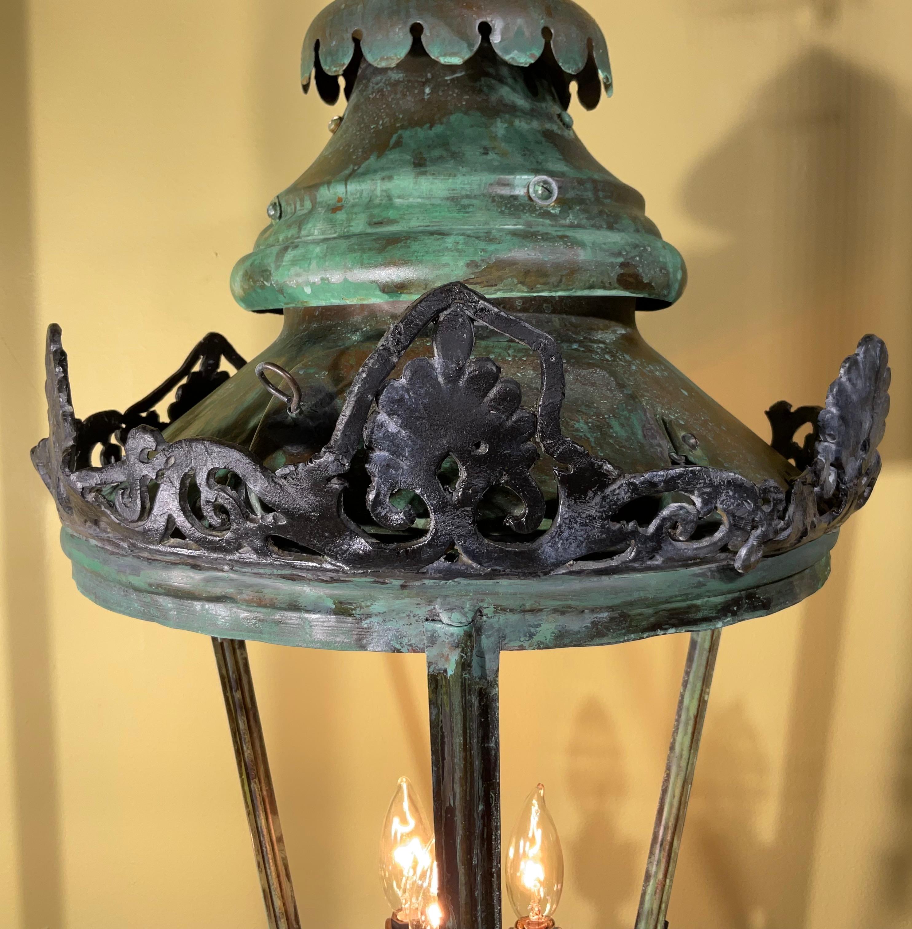 Hand-Crafted Large Antique Round  Hanging Copper Lantern For Sale
