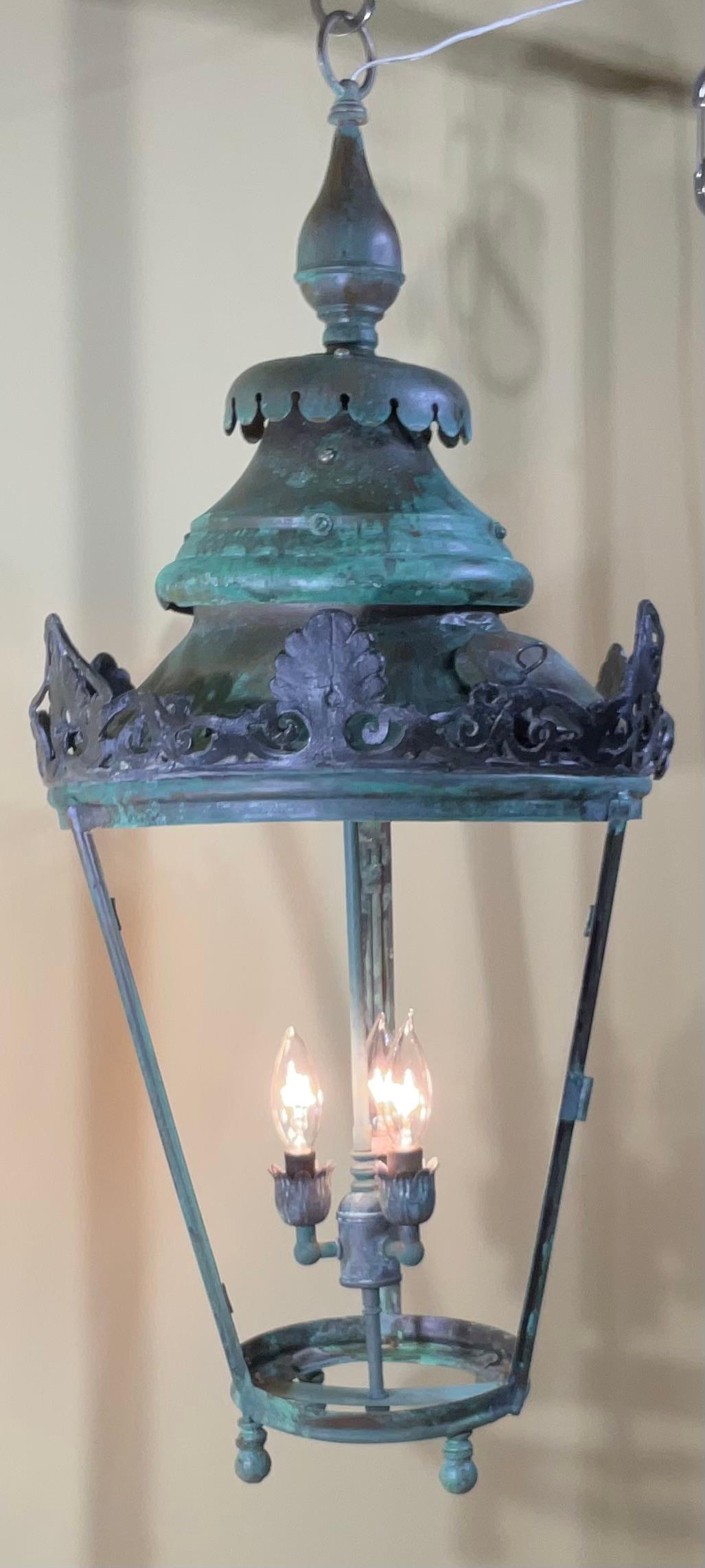 Lead Large Antique Round  Hanging Copper Lantern For Sale