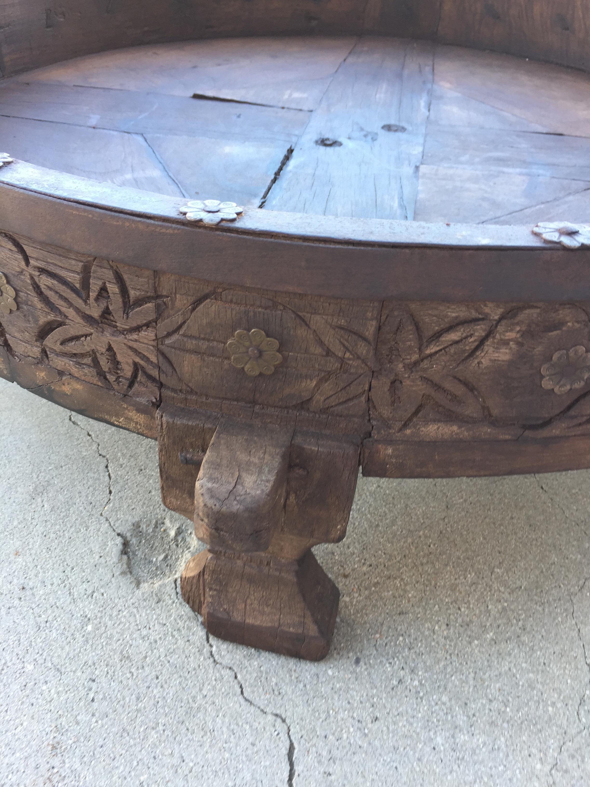 Large Antique Round Tribal Grinder Teak Table 4