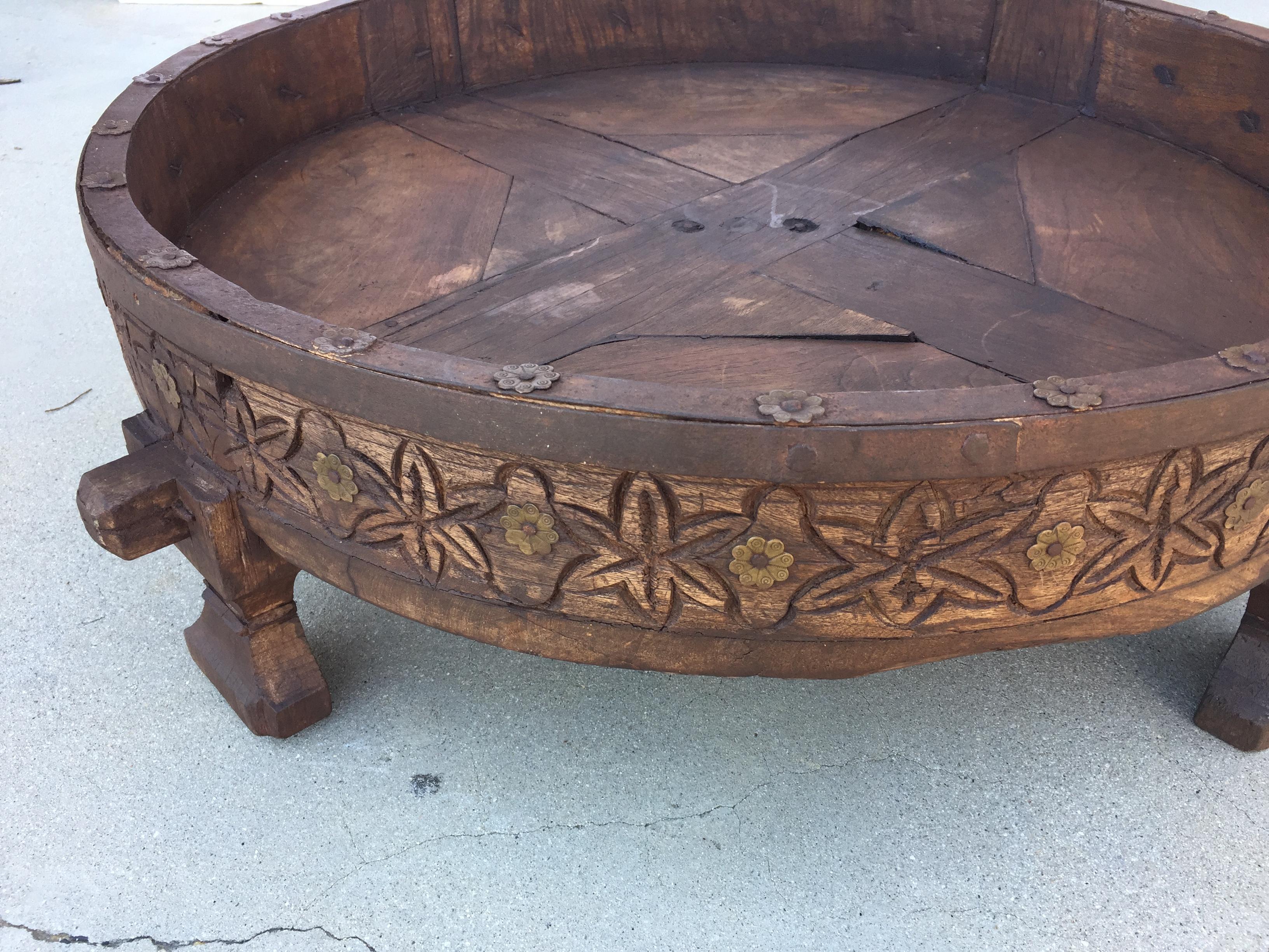 Moorish Large Antique Round Tribal Grinder Teak Table