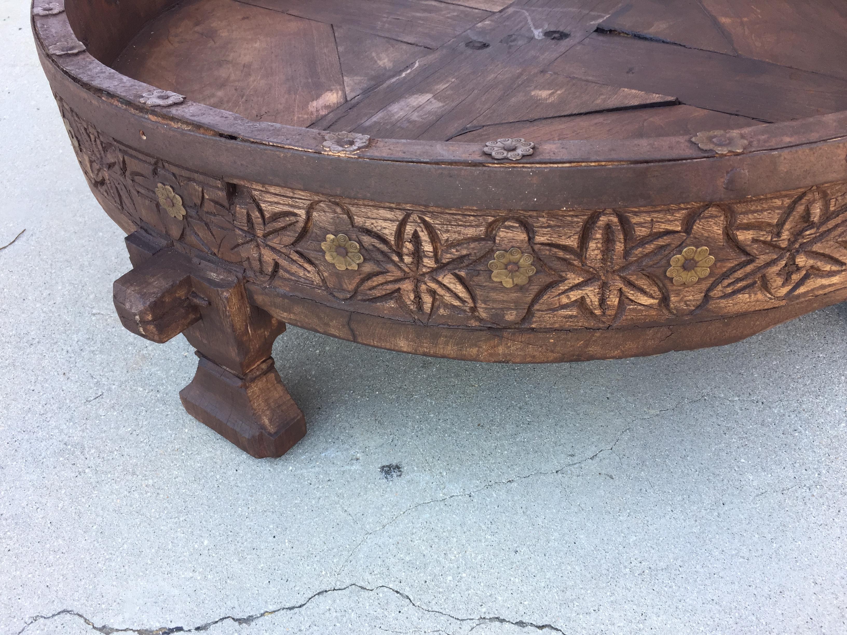 Hand-Carved Large Antique Round Tribal Grinder Teak Table