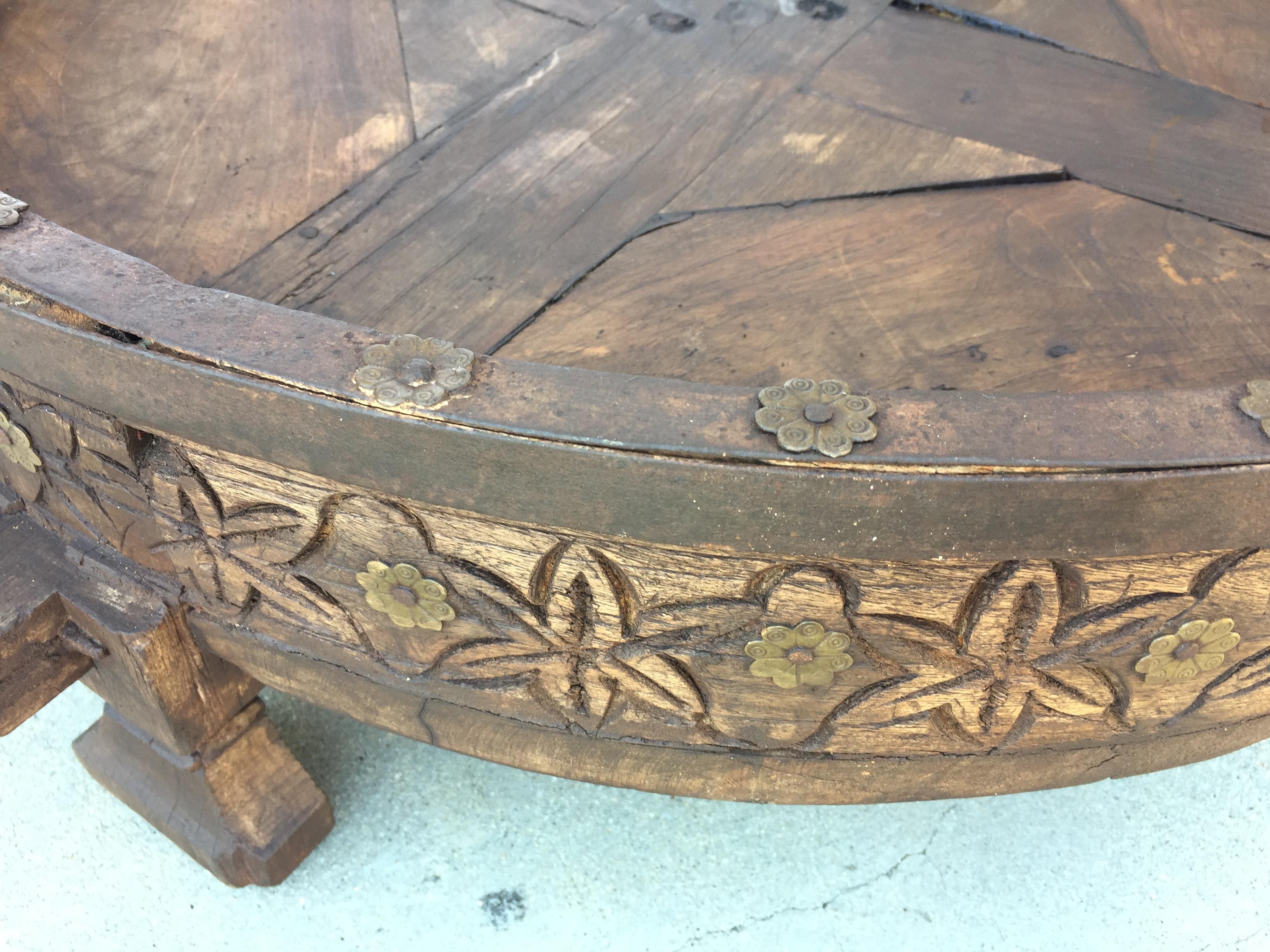 Large Antique Round Tribal Grinder Teak Table In Distressed Condition In North Hollywood, CA