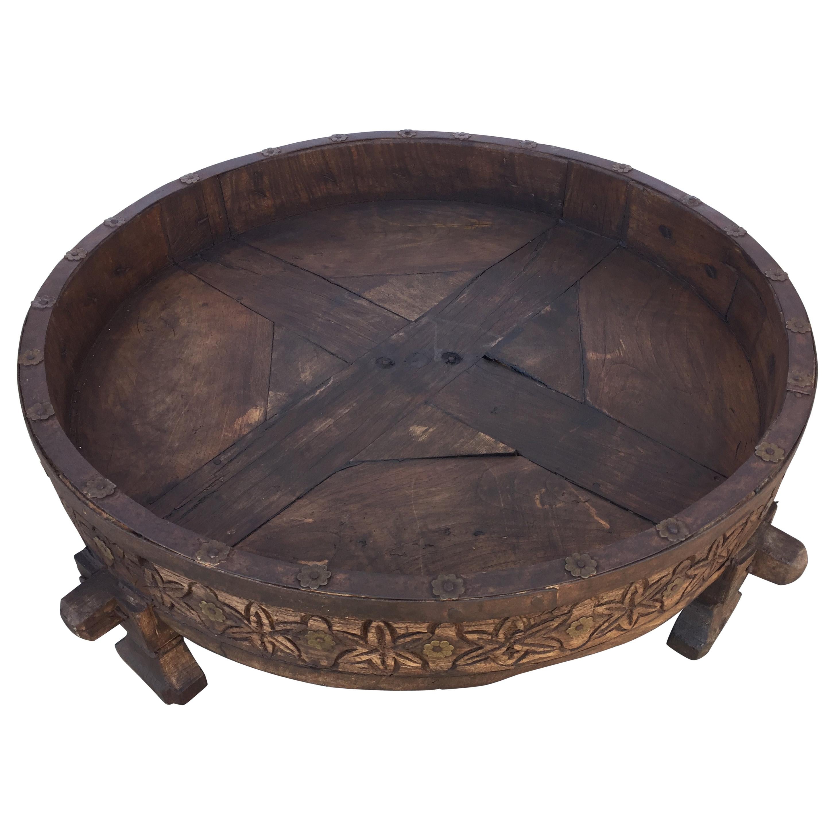 Large Antique Round Tribal Grinder Teak Table
