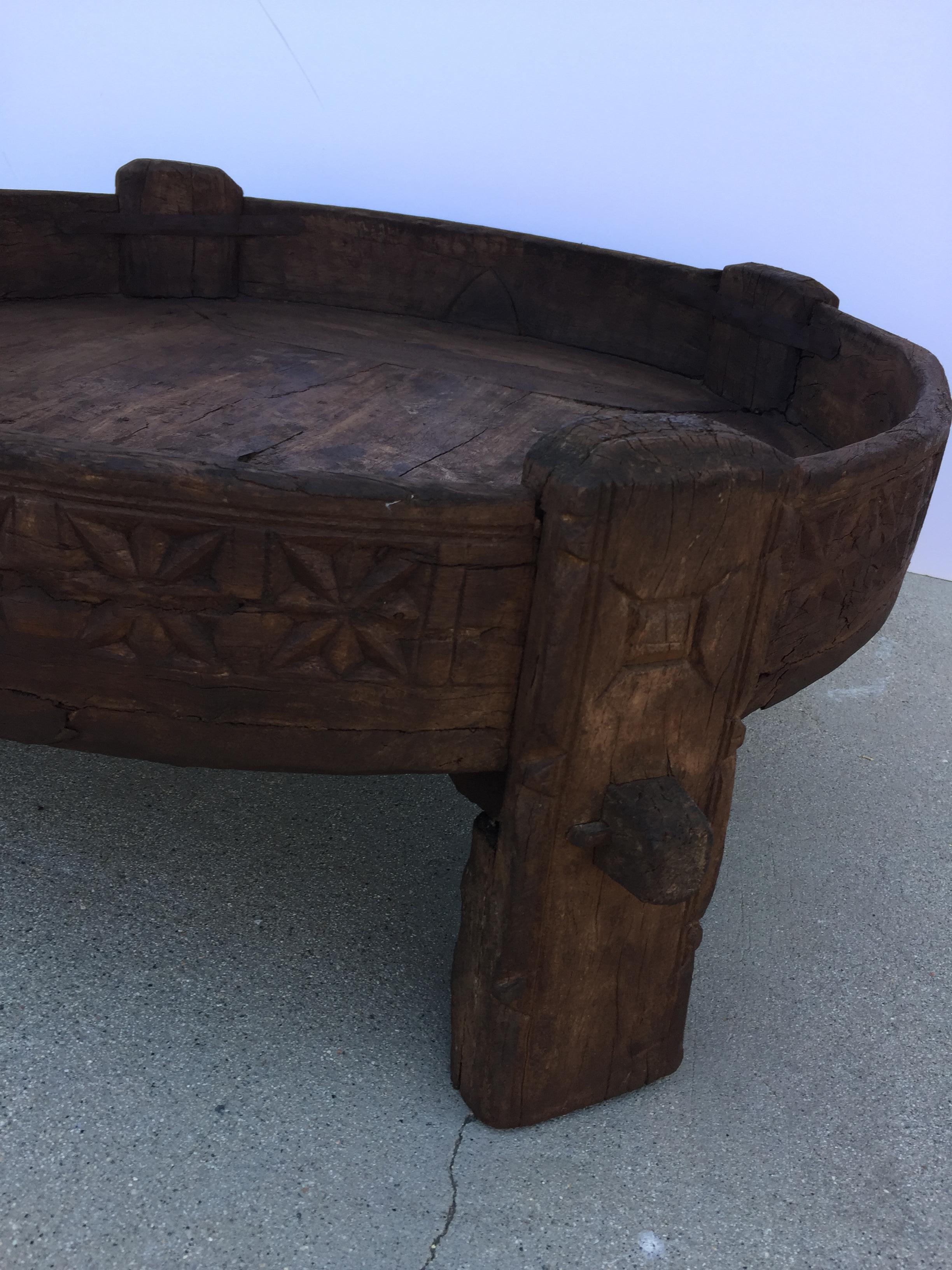 Hand-Carved Large Antique Round Tribal Low Grinder teak Table