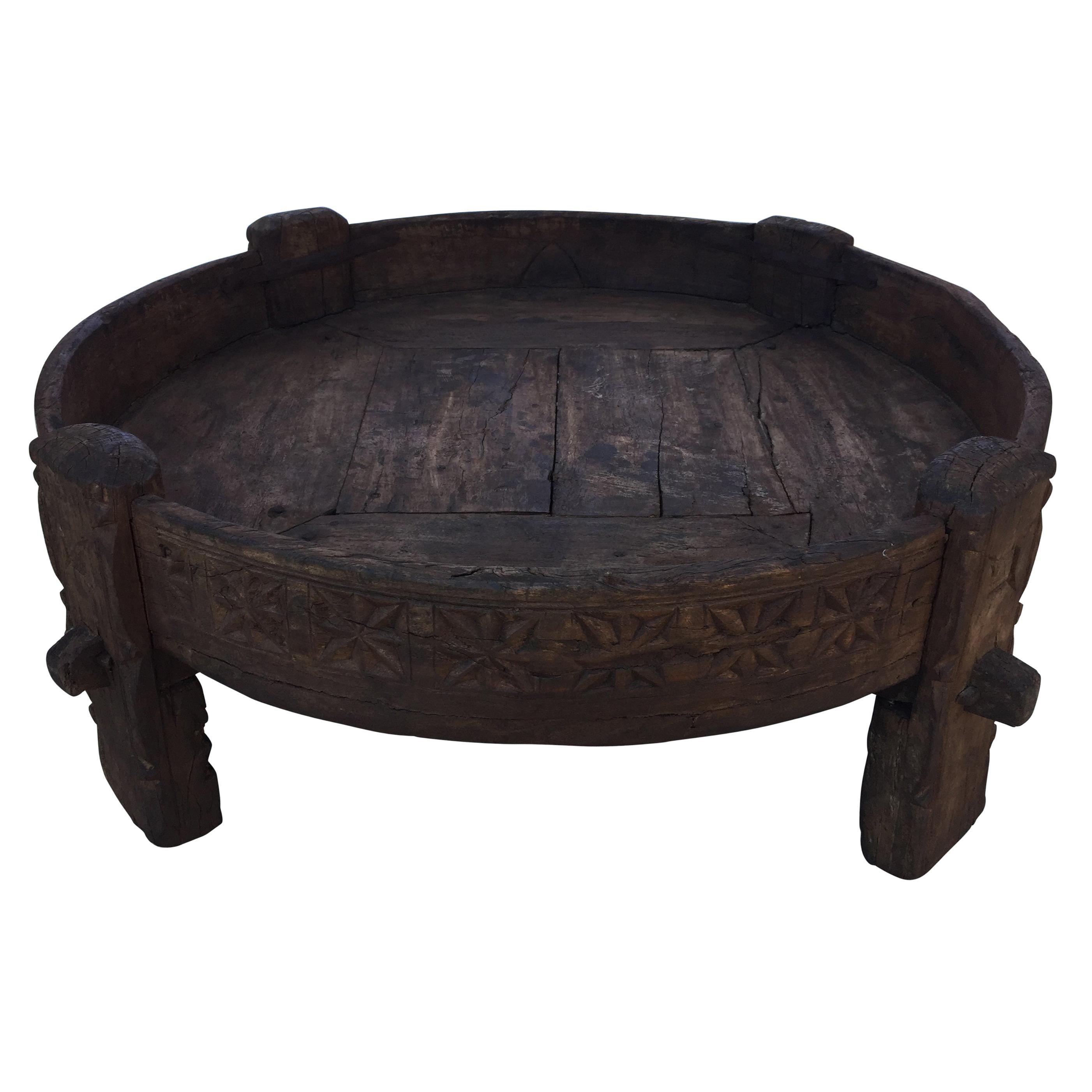 Large Antique Round Tribal Low Grinder teak Table