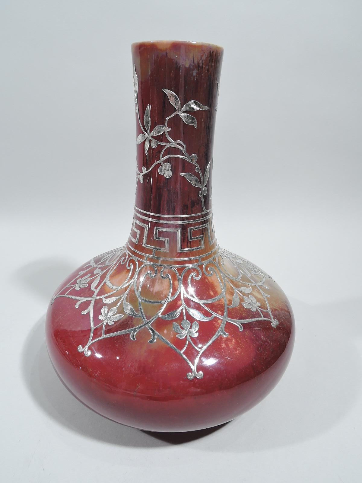 Art Nouveau Large Antique Royal Doulton Flambé Vase with Silver Overlay