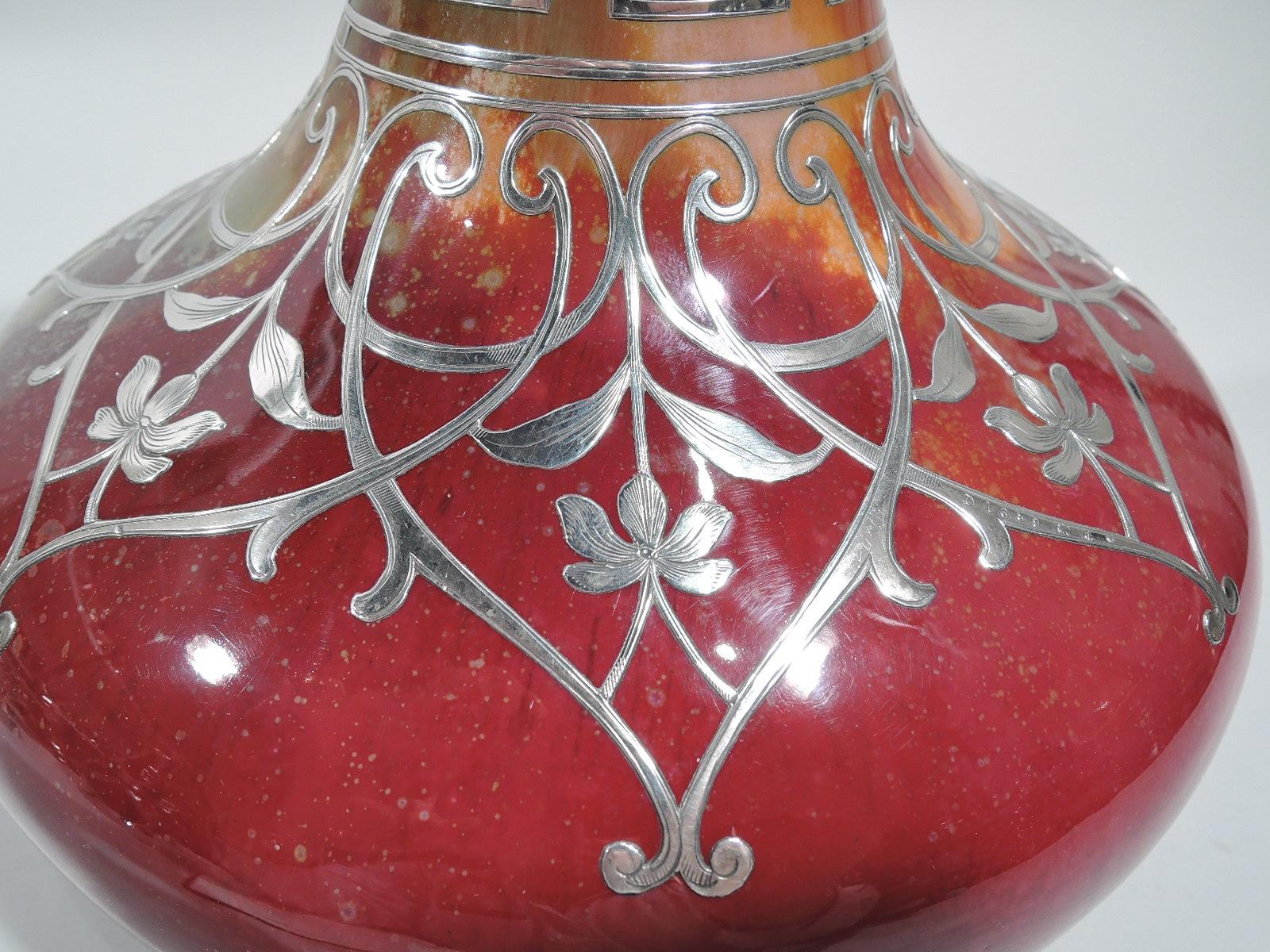 Large Antique Royal Doulton Flambé Vase with Silver Overlay In Excellent Condition In New York, NY
