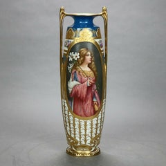 Large Antique Royal Vienna Porcelain Hand Enameled Portrait Vase, Tugend, c1900