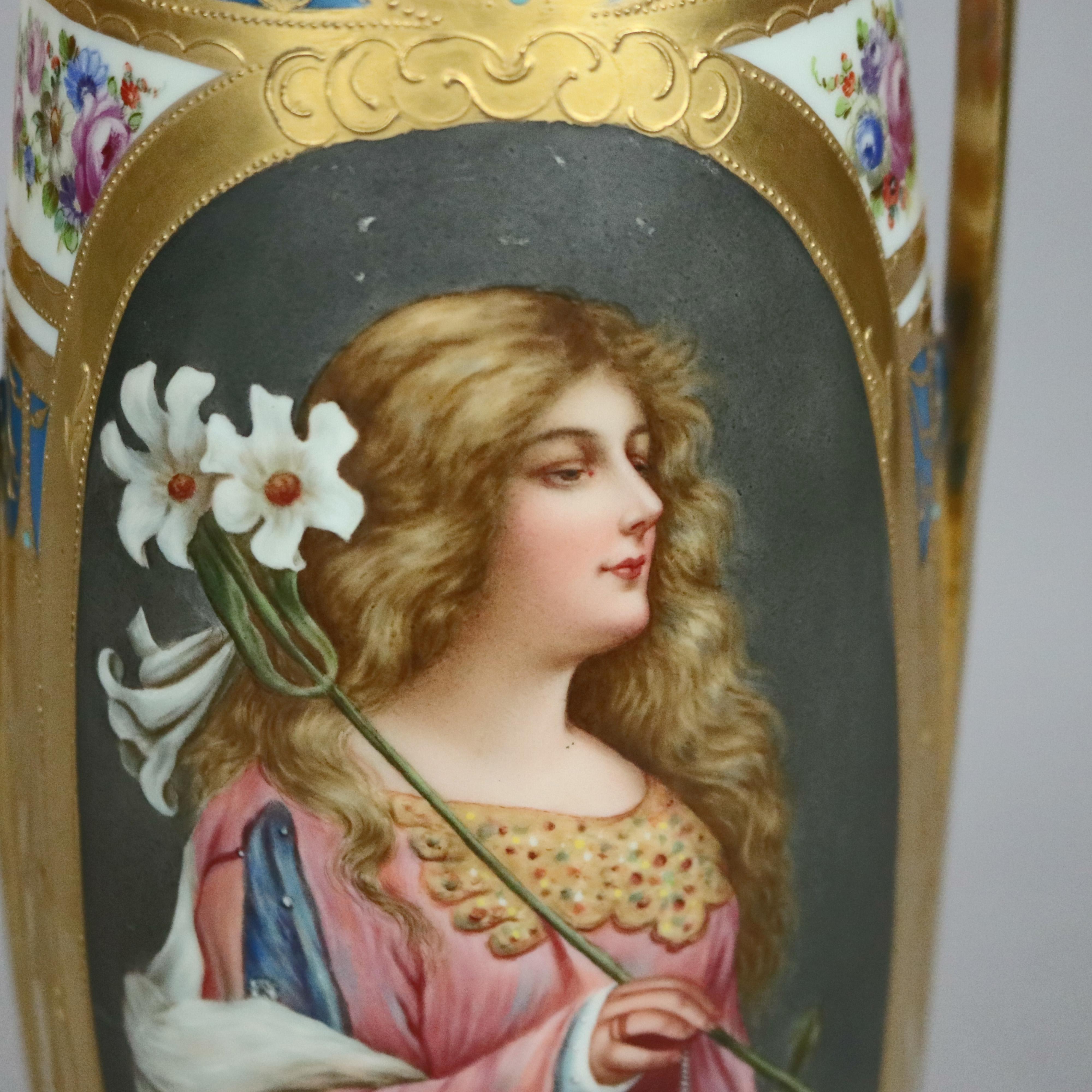 European Large Antique Royal Vienna Porcelain Hand Enameled Portrait Vase, Tugend, c1900
