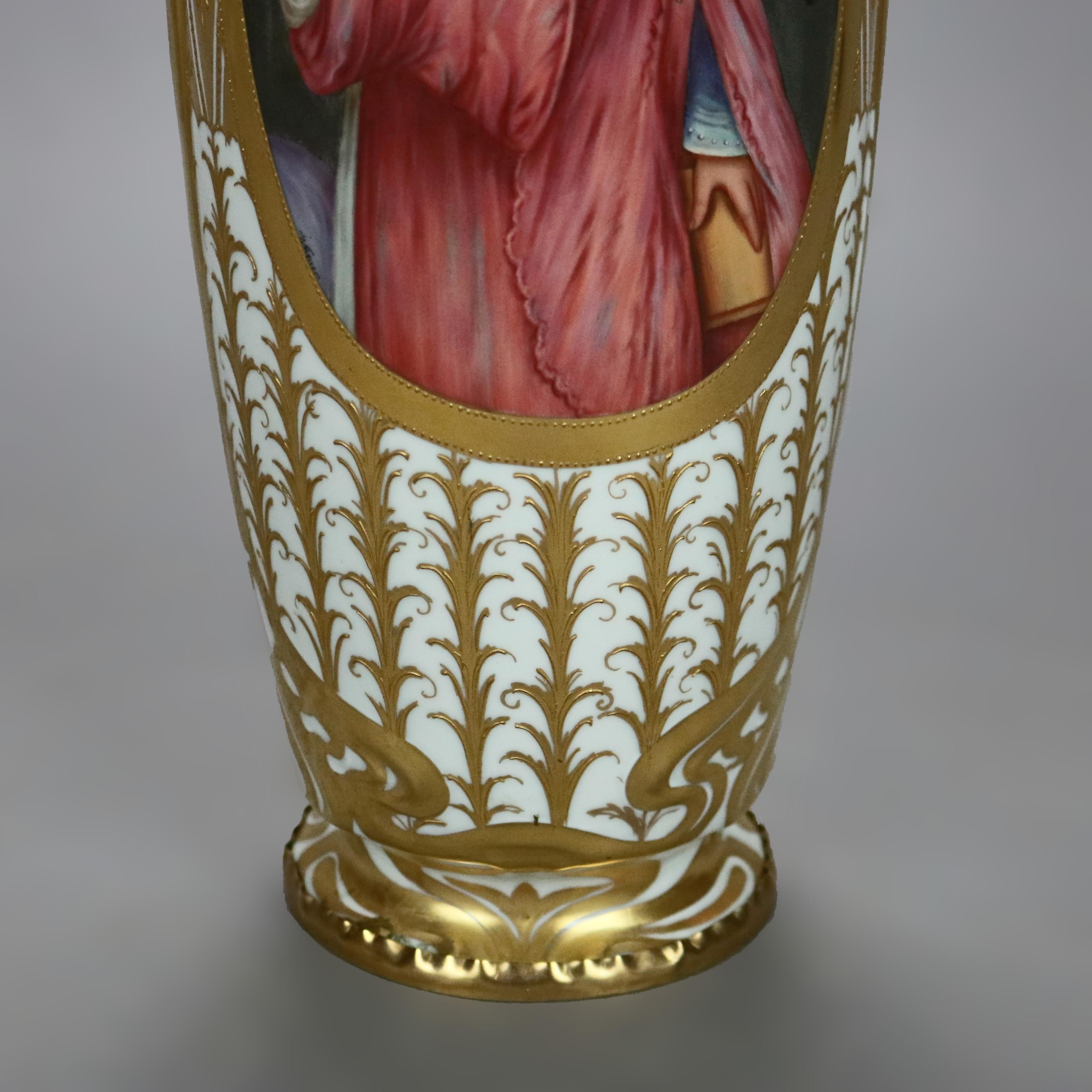 Gilt Large Antique Royal Vienna Porcelain Hand Enameled Portrait Vase, Tugend, c1900