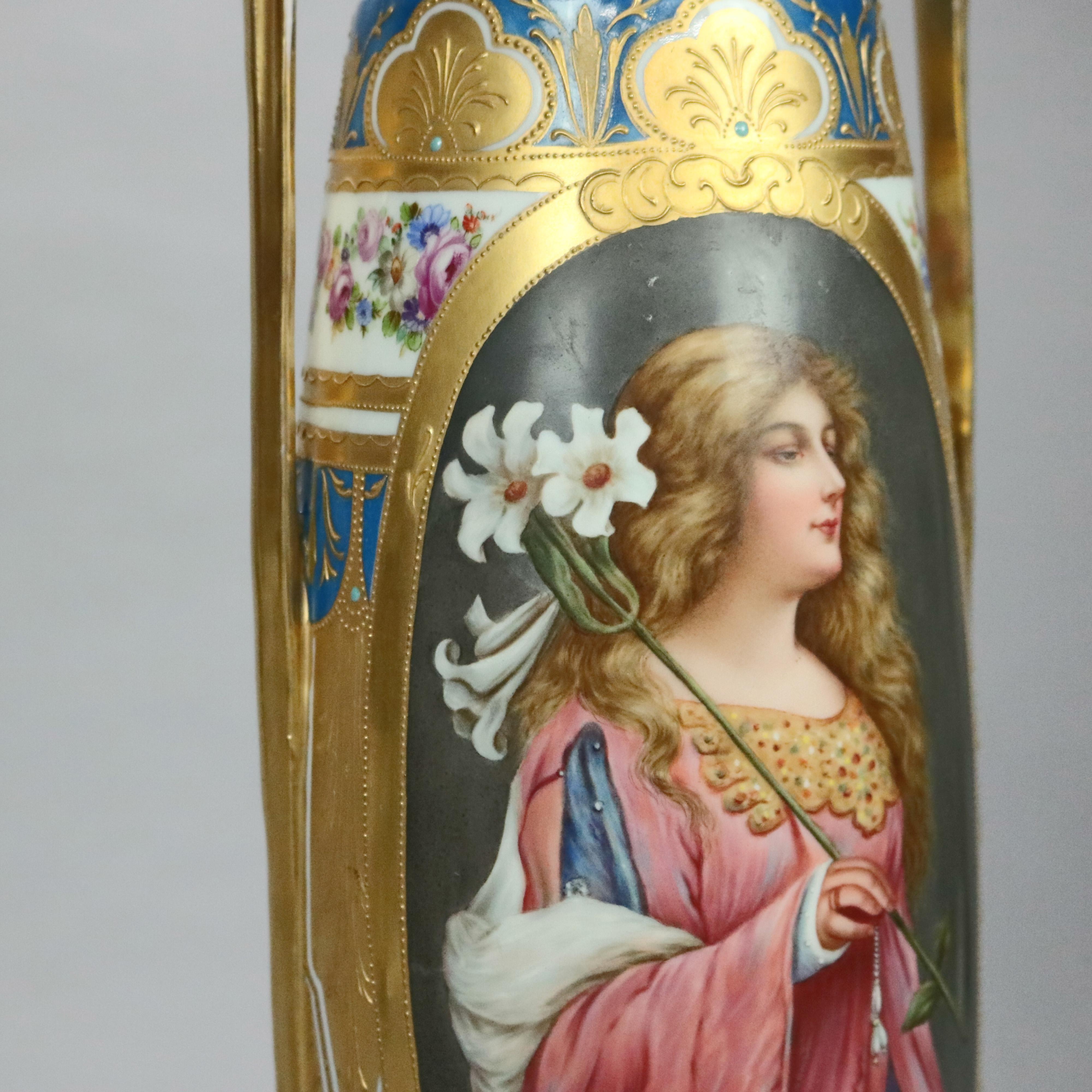 Large Antique Royal Vienna Porcelain Hand Enameled Portrait Vase, Tugend, c1900 In Good Condition In Big Flats, NY