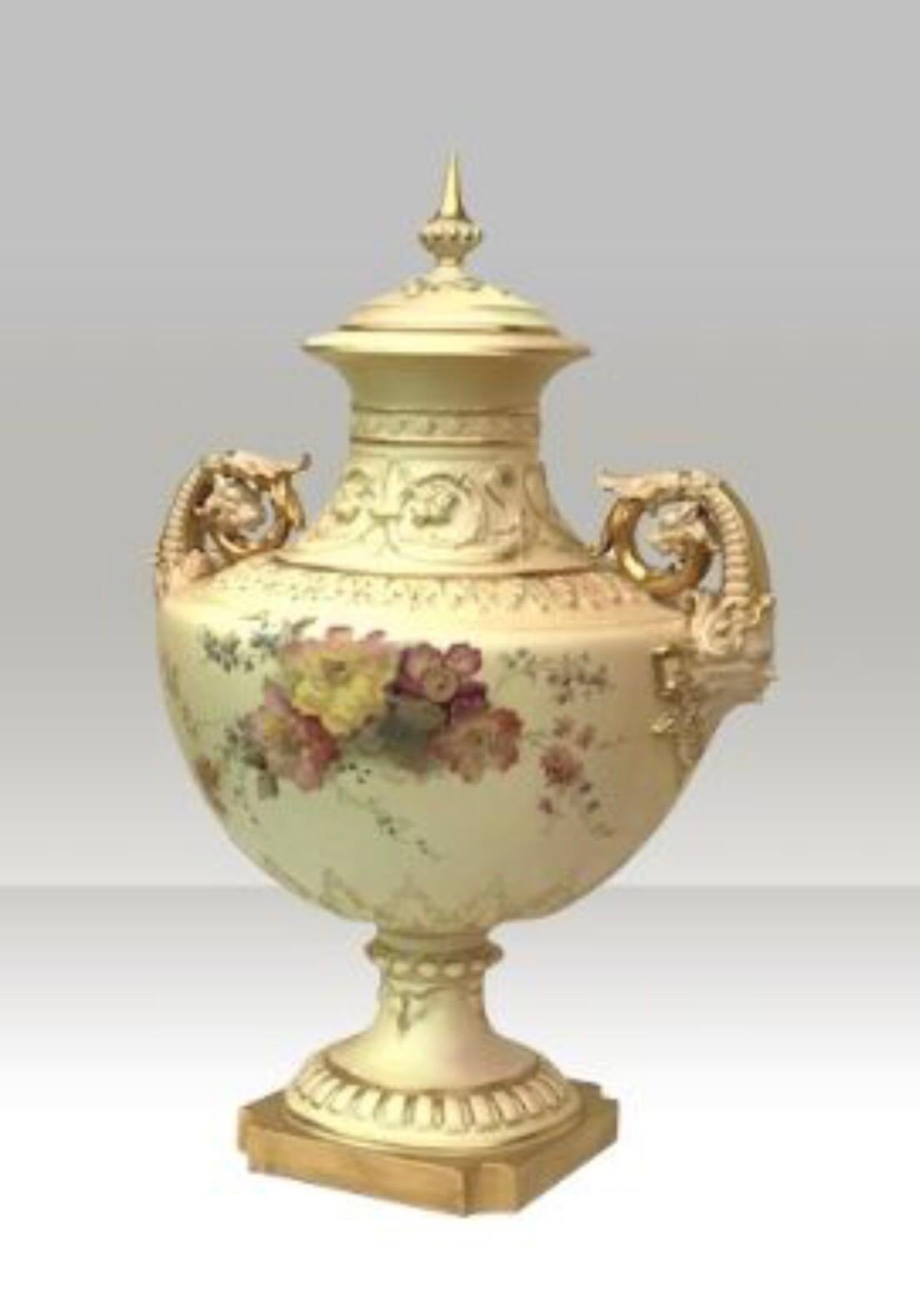 Ceramic Large Antique Royal Worcester Blush Ivory Porcelain Vase and Cover For Sale