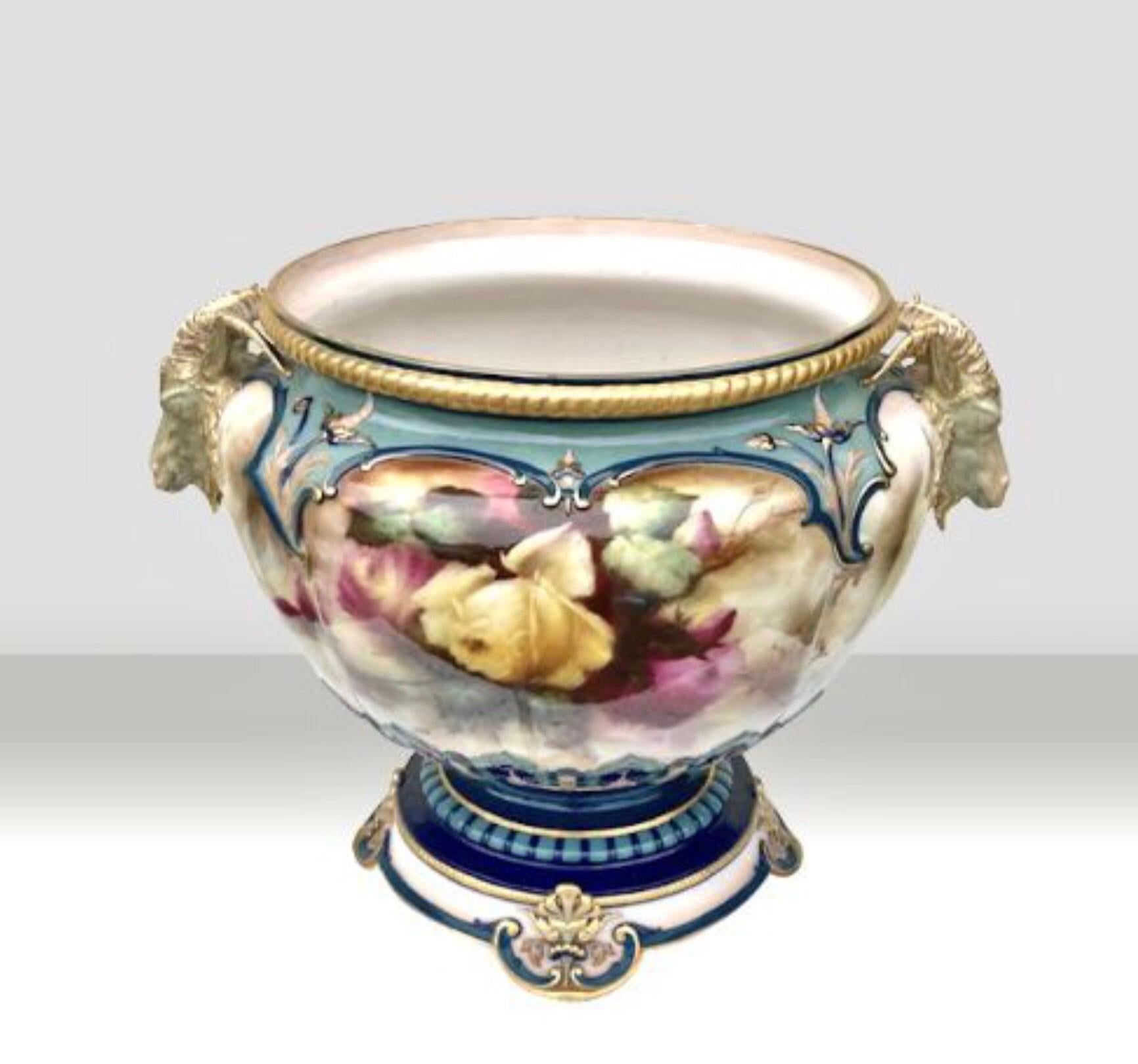 Large Antique Royal Worcester Footed Jardiniere Painted Roses For Sale 5