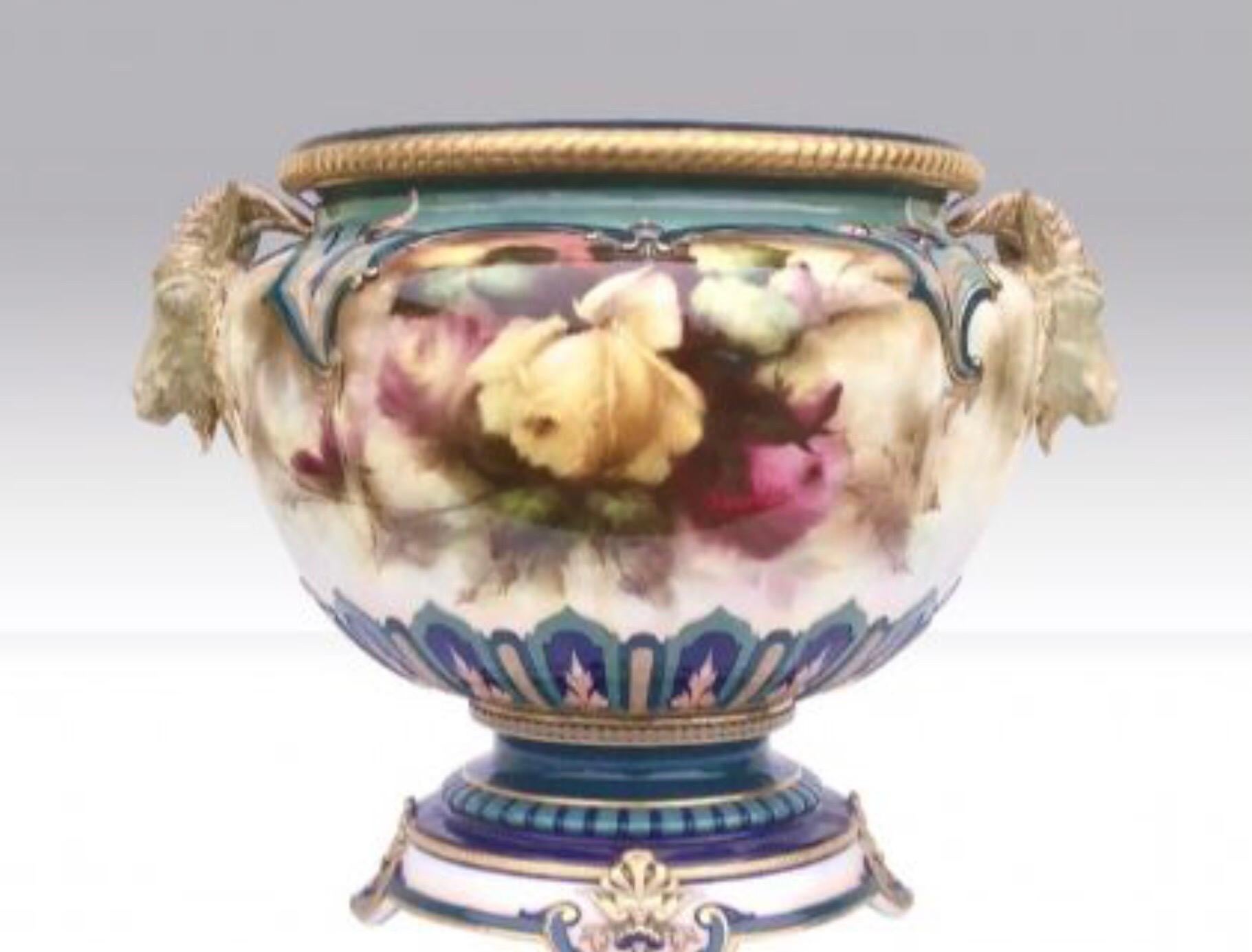 Large Antique Royal Worcester Footed Jardiniere Painted Roses For Sale 6