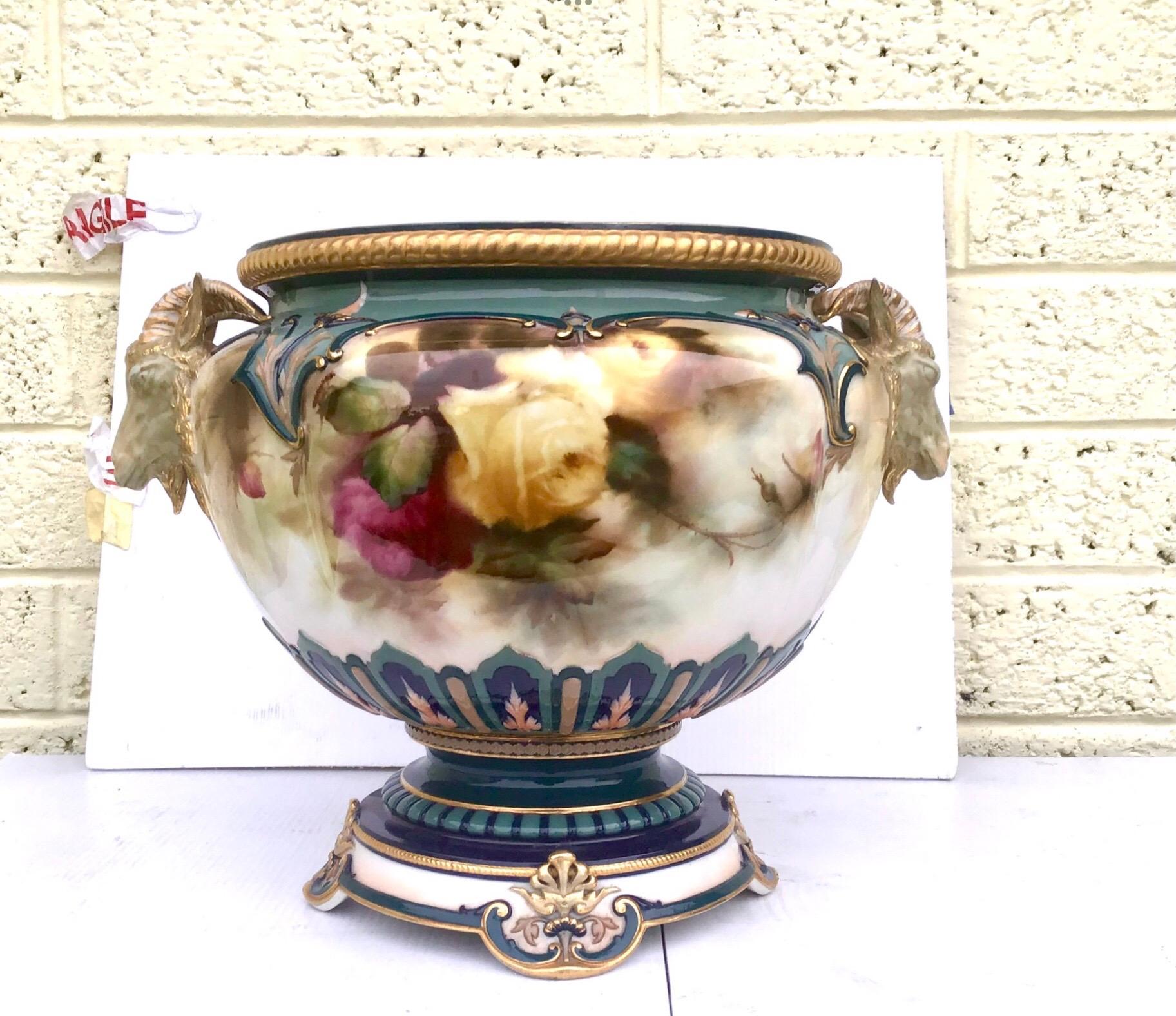 Rococo Large Antique Royal Worcester Footed Jardiniere Painted Roses For Sale