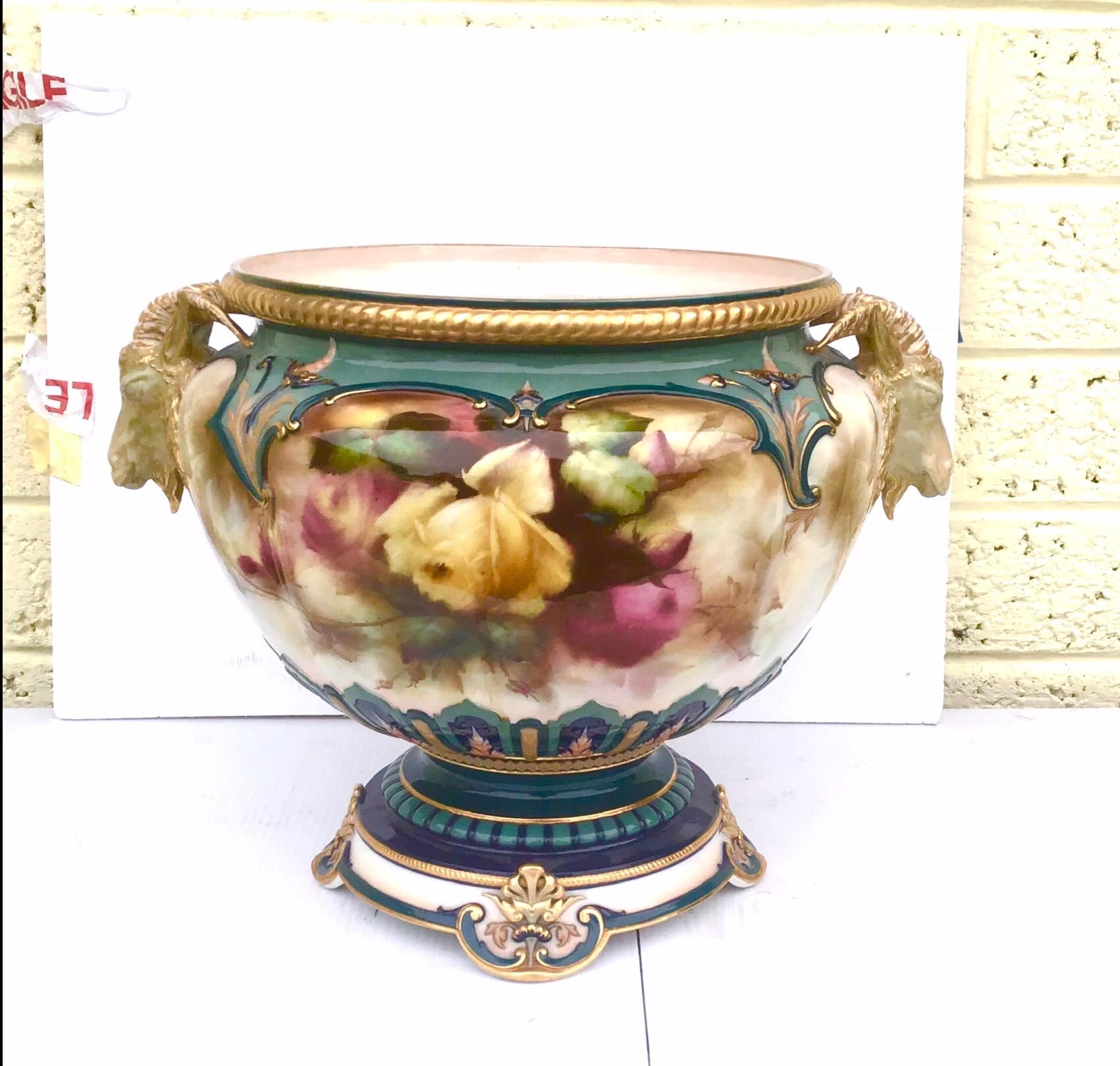 British Large Antique Royal Worcester Footed Jardiniere Painted Roses For Sale