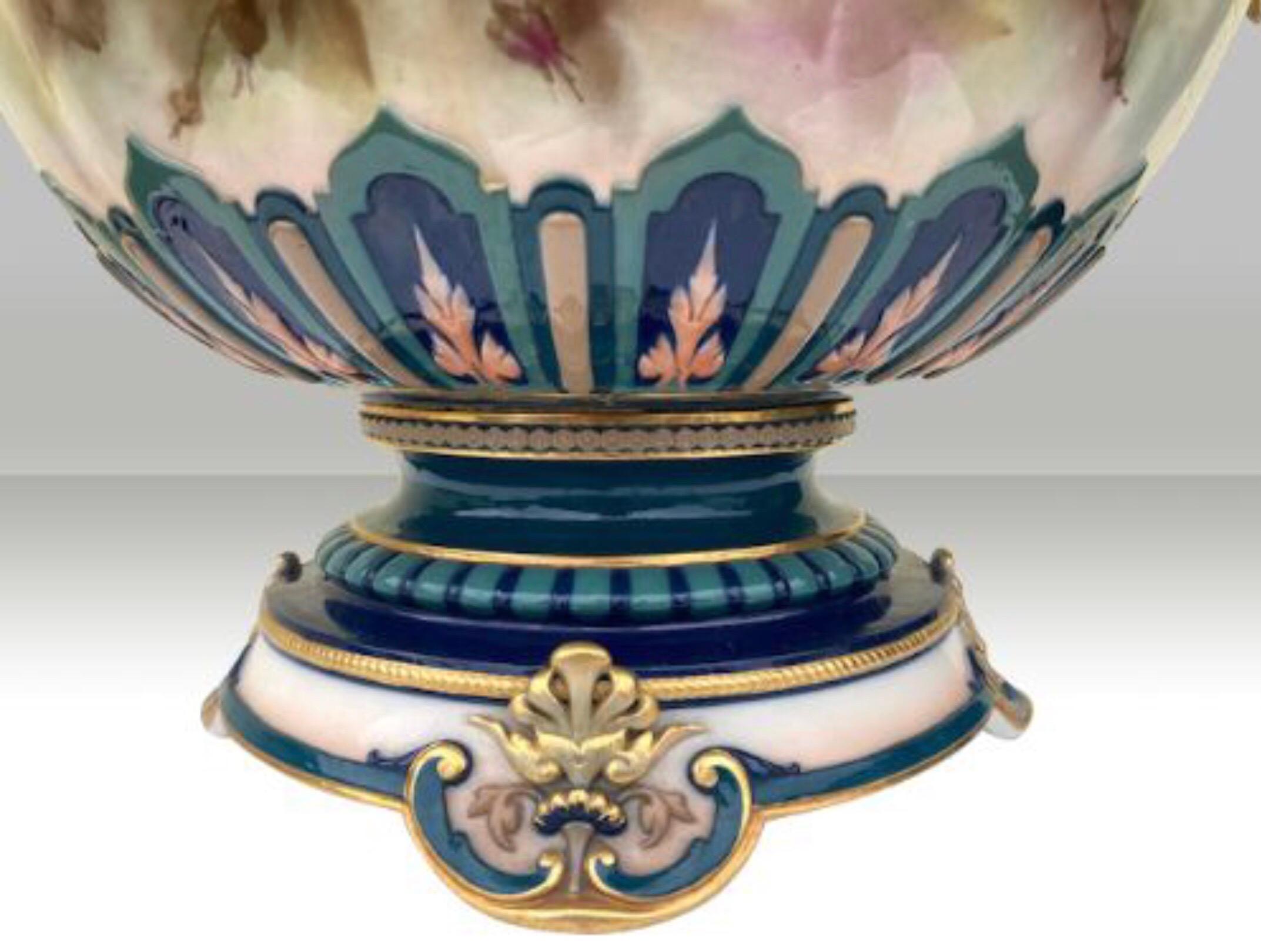 Large Antique Royal Worcester Footed Jardiniere Painted Roses For Sale 2