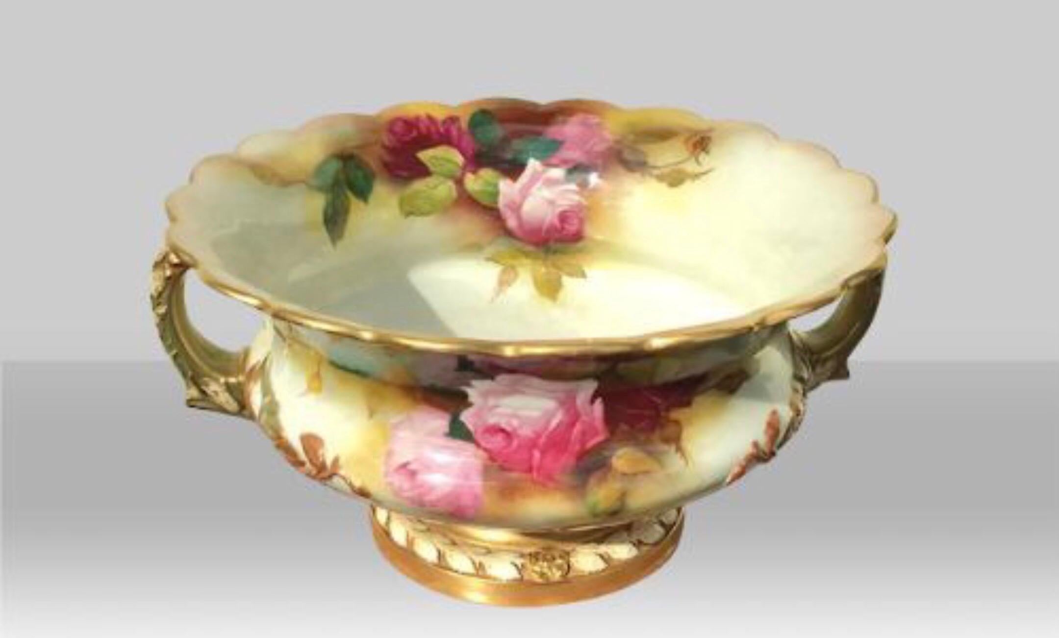 English Large Antique Royal Worcester Jardiniere Bowl Vase Hand Painted With Roses
