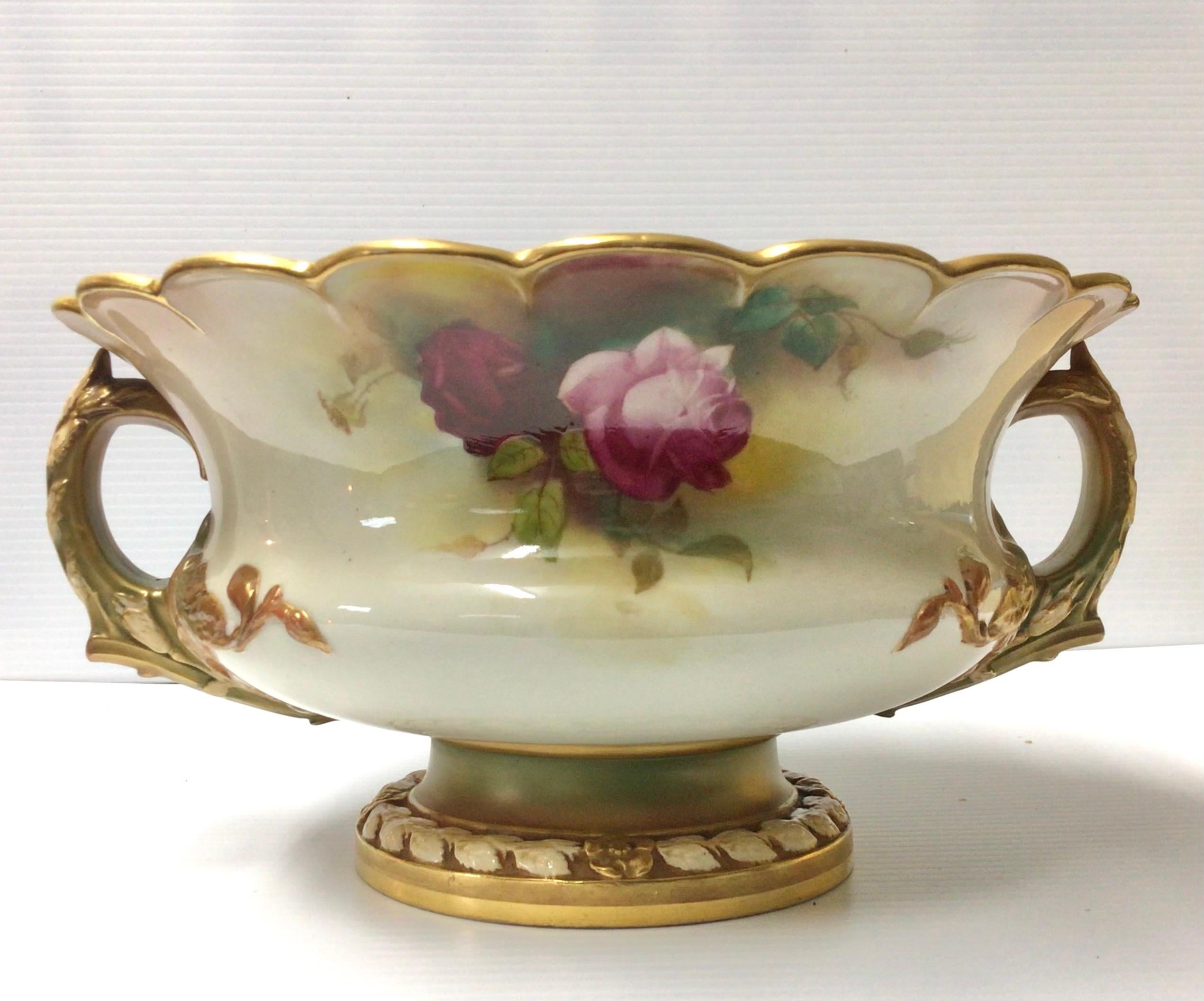 Large Antique Royal Worcester Jardiniere Bowl Vase Hand Painted With Roses In Good Condition In Antrim, GB