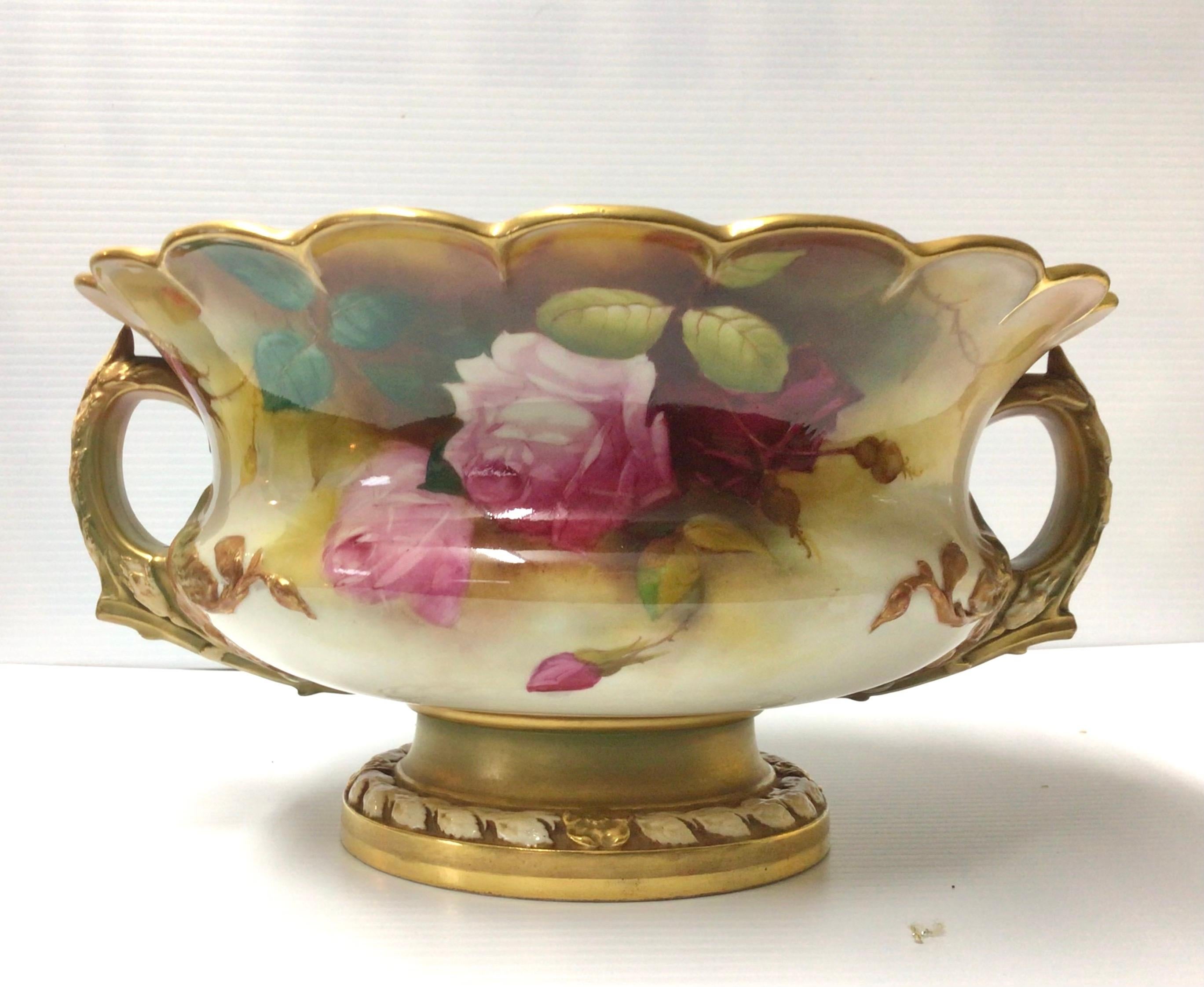 Early 20th Century Large Antique Royal Worcester Jardiniere Bowl Vase Hand Painted With Roses