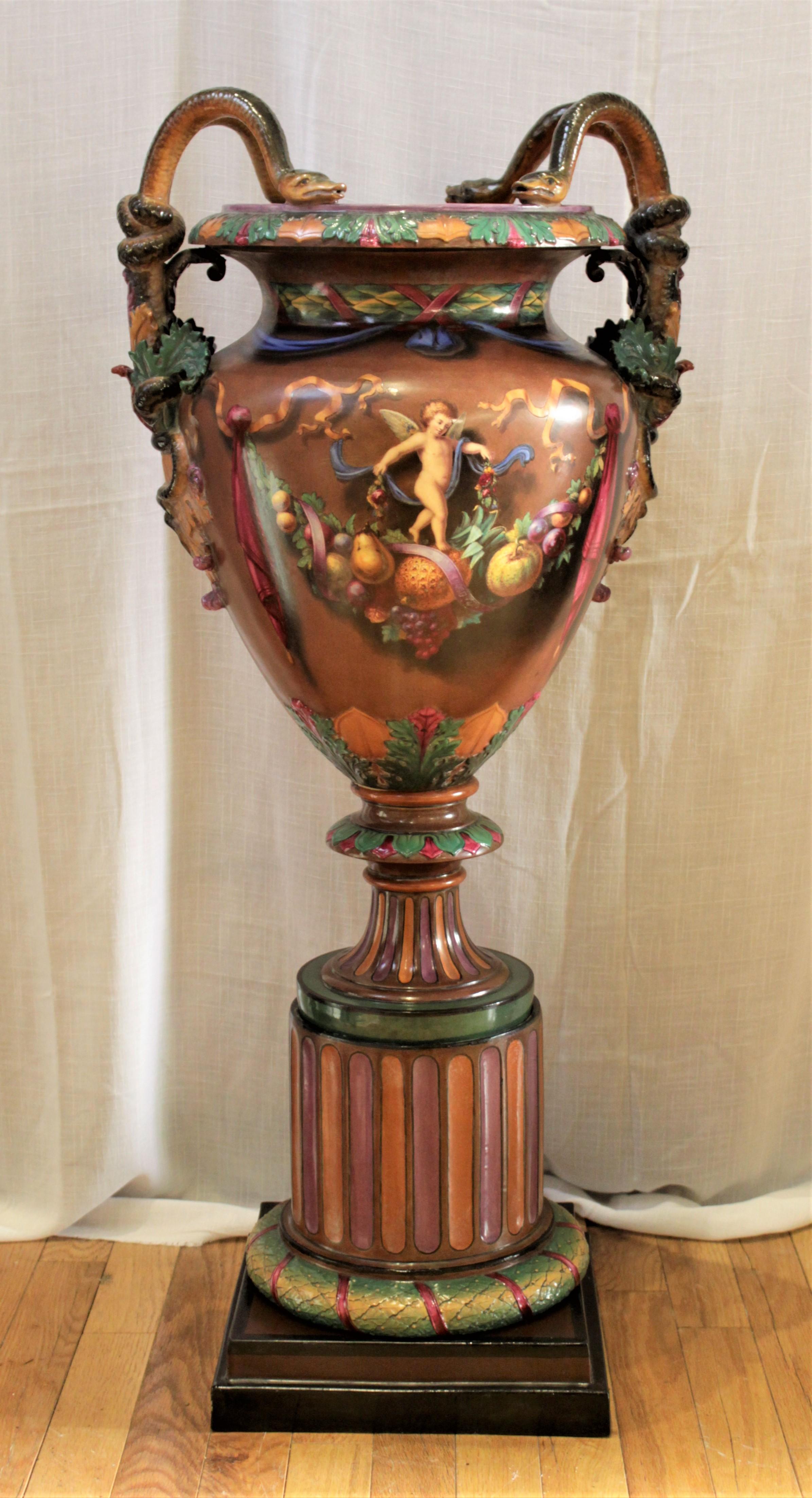 Hand-Painted Large Antique Royal Worcester Majolica Exhibition Vase or Urn J. Rushton Styled