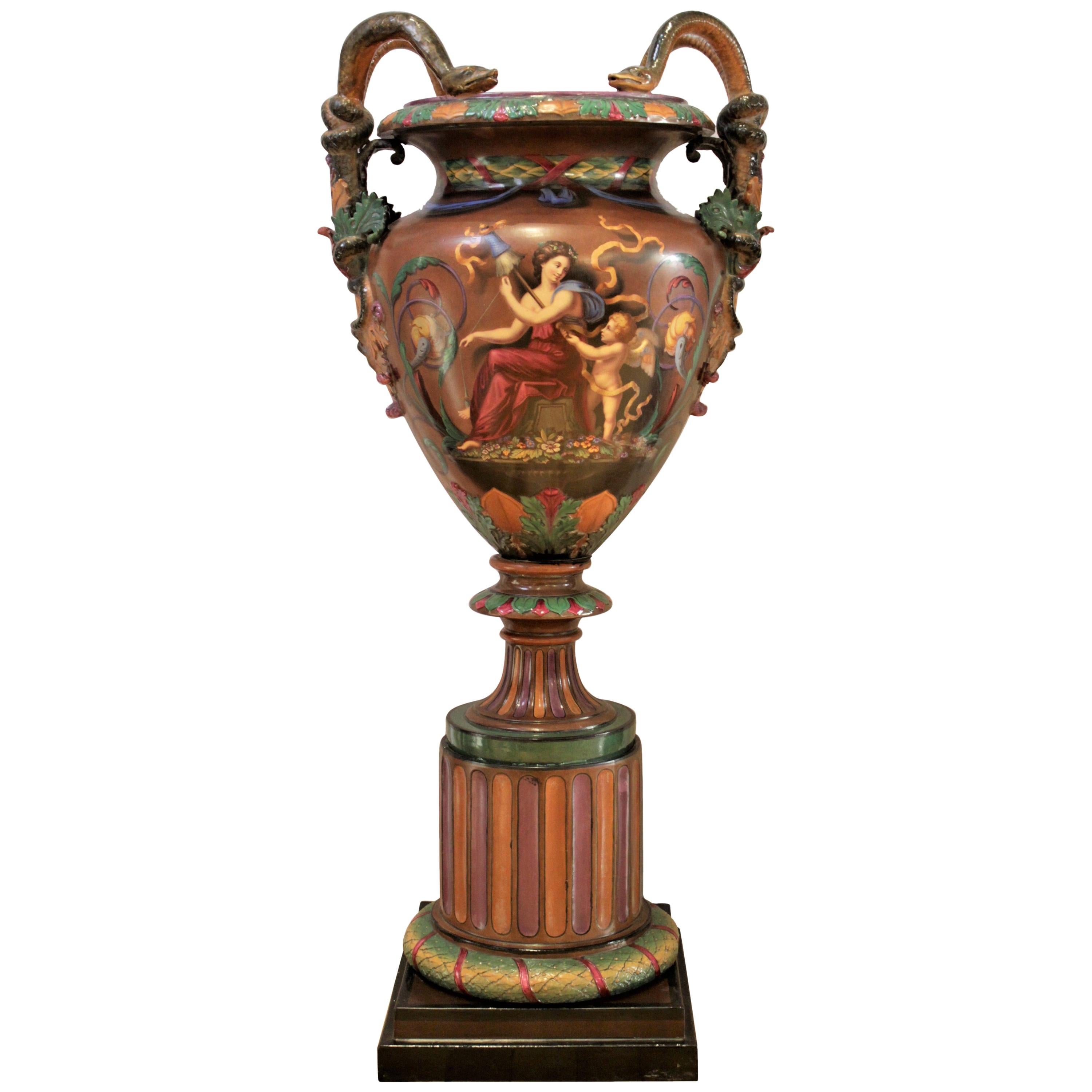 Large Antique Royal Worcester Majolica Exhibition Vase or Urn J. Rushton Styled