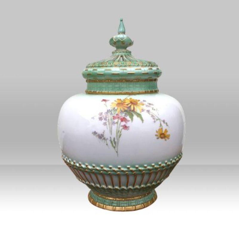 Victorian Large Antique Royal Worcester Pot Pourri Jar and Crown Cover For Sale