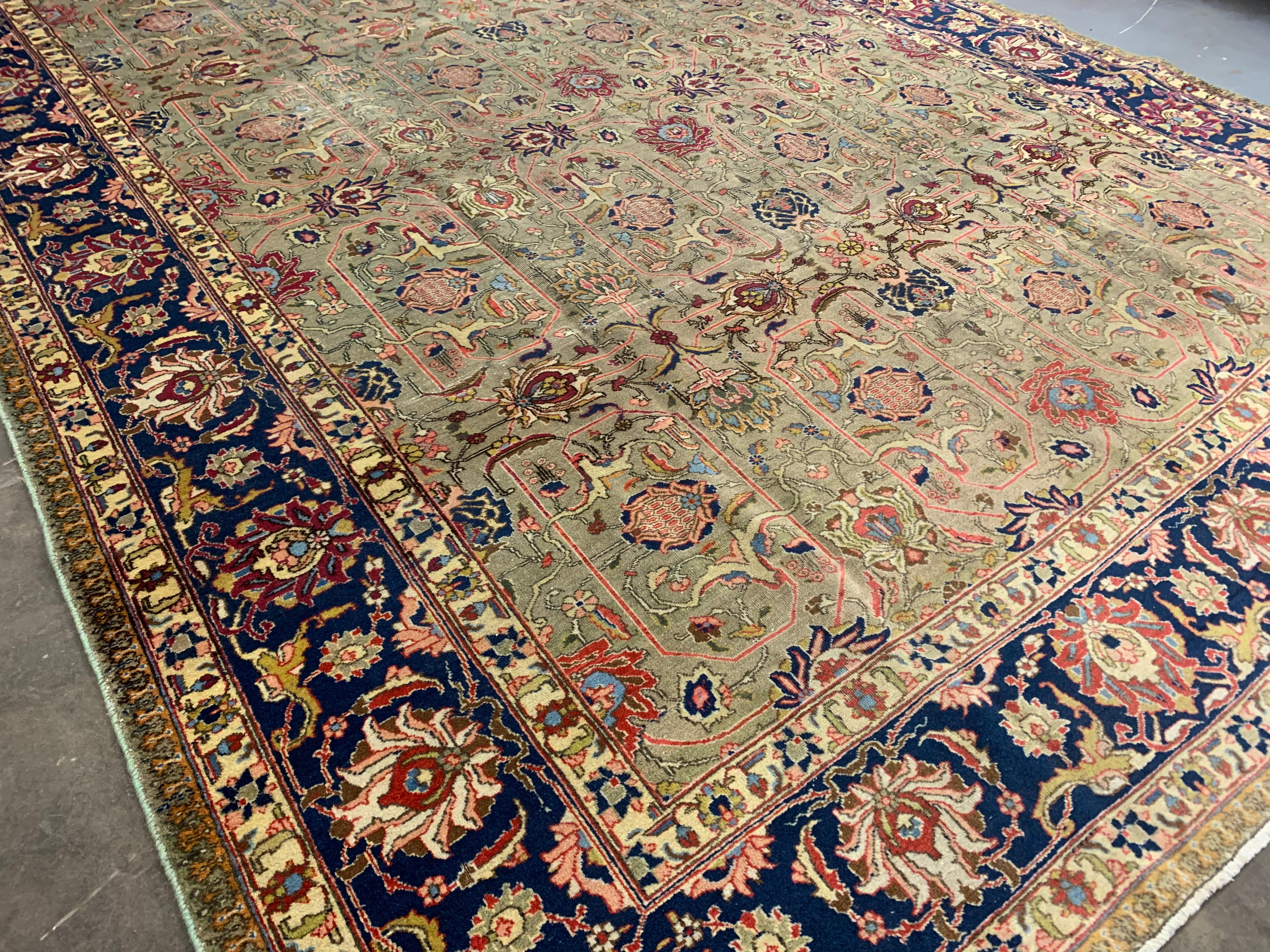 Large Antique Rug Floral Handwoven Oriental Olive Green Wool Area Carpet For Sale 3