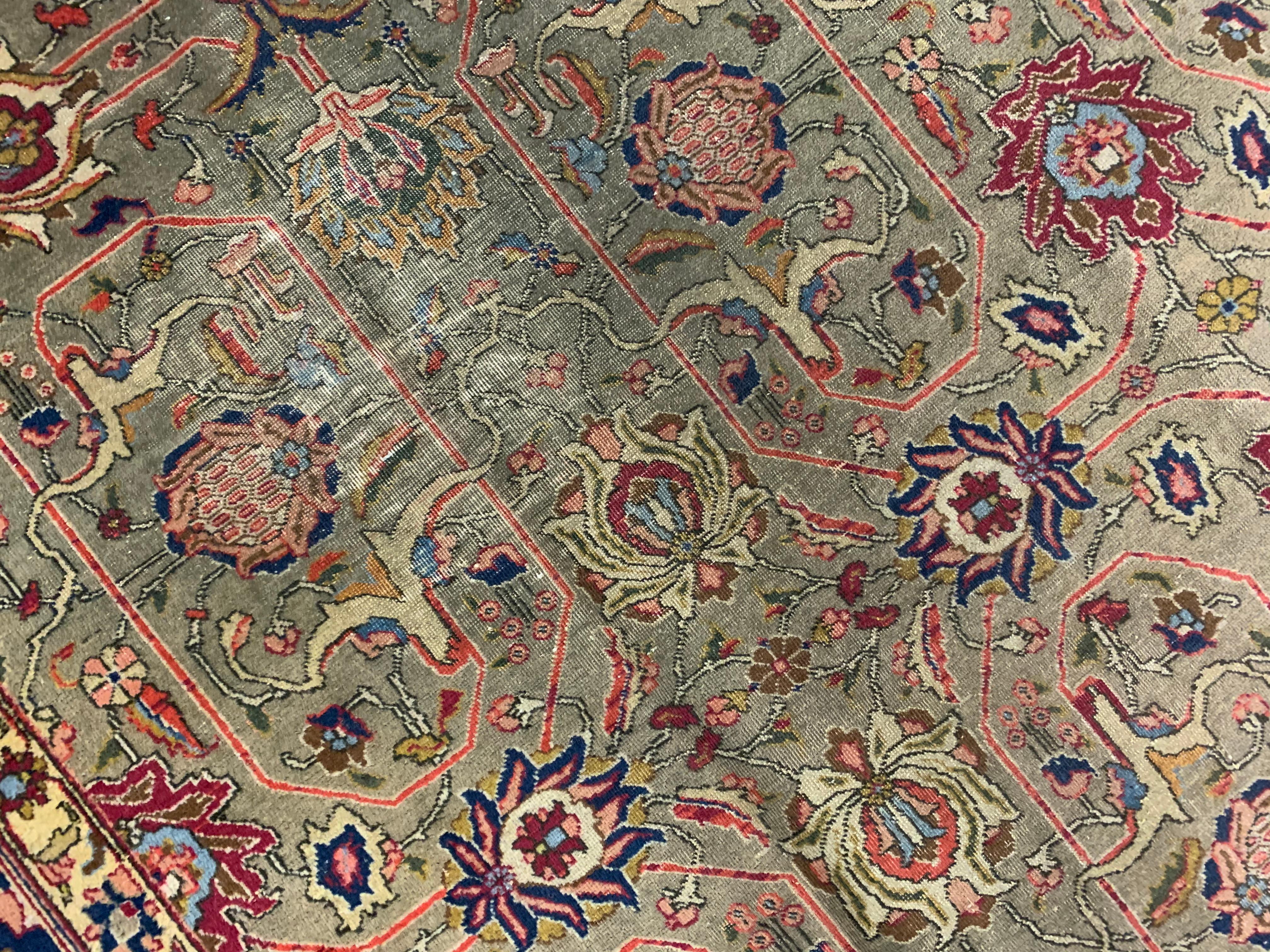 Large Antique Rug Floral Handwoven Oriental Olive Green Wool Area Carpet For Sale 7