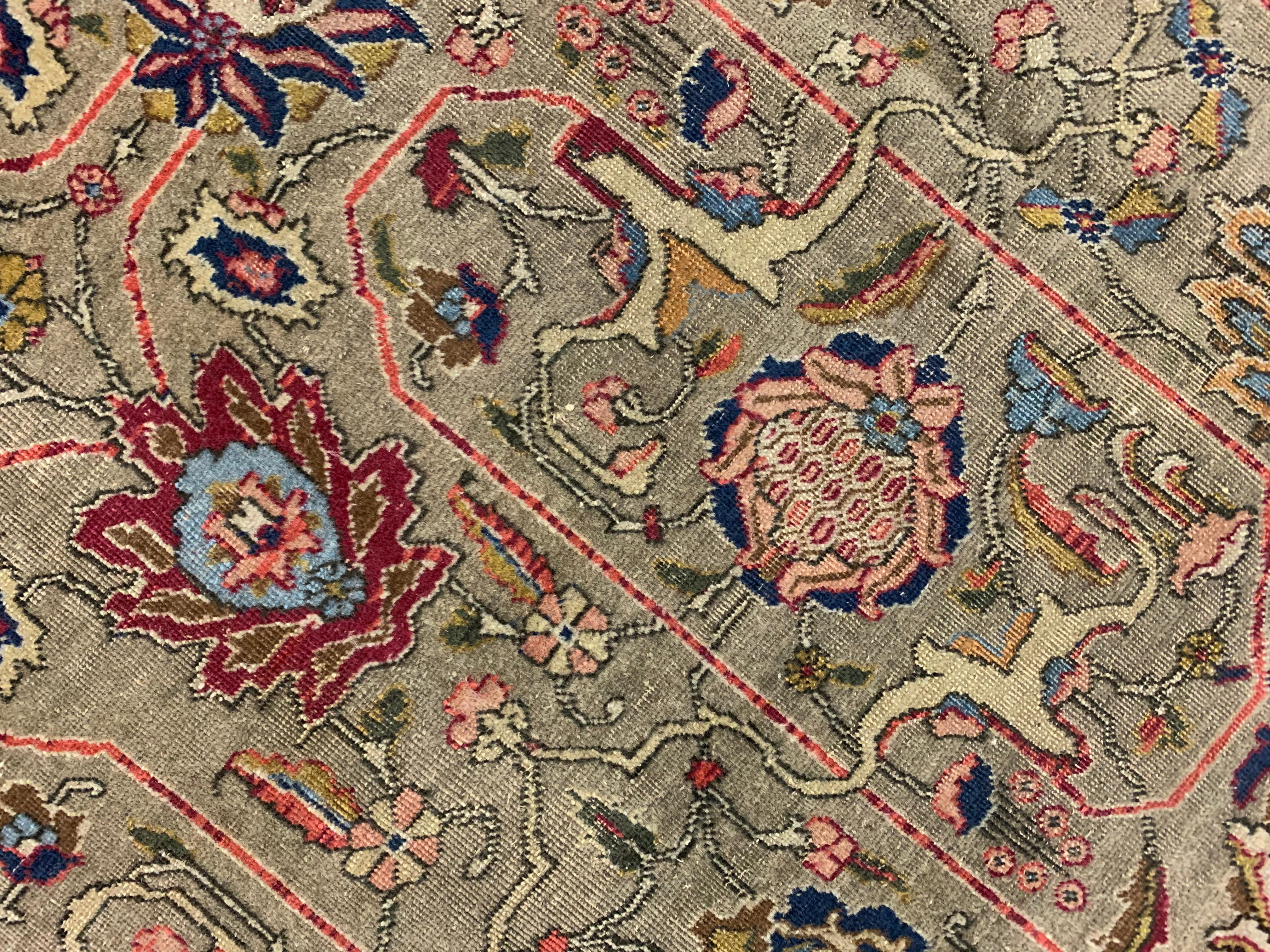 Large Antique Rug Floral Handwoven Oriental Olive Green Wool Area Carpet For Sale 8