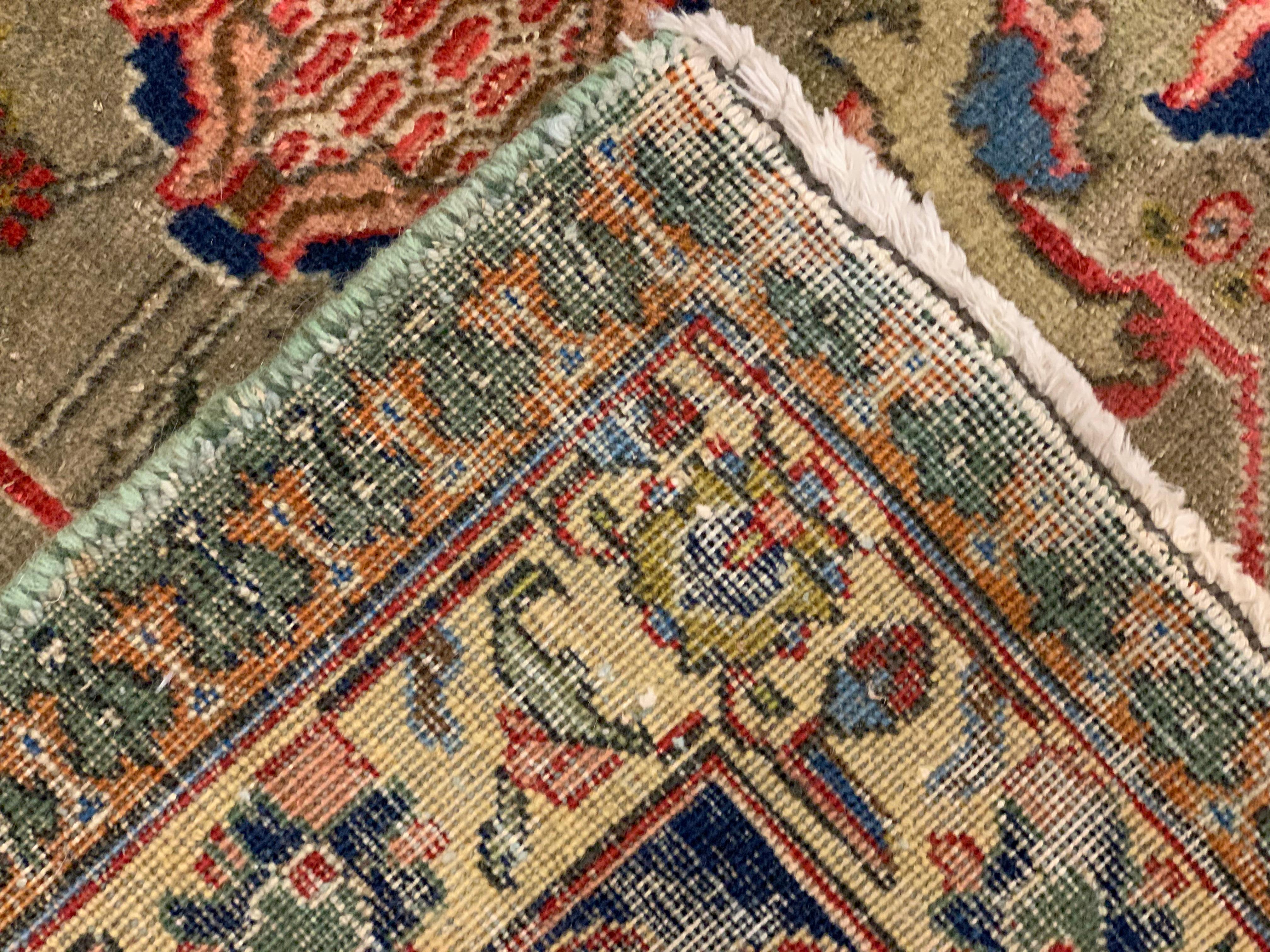 Large Antique Rug Floral Handwoven Oriental Olive Green Wool Area Carpet For Sale 9