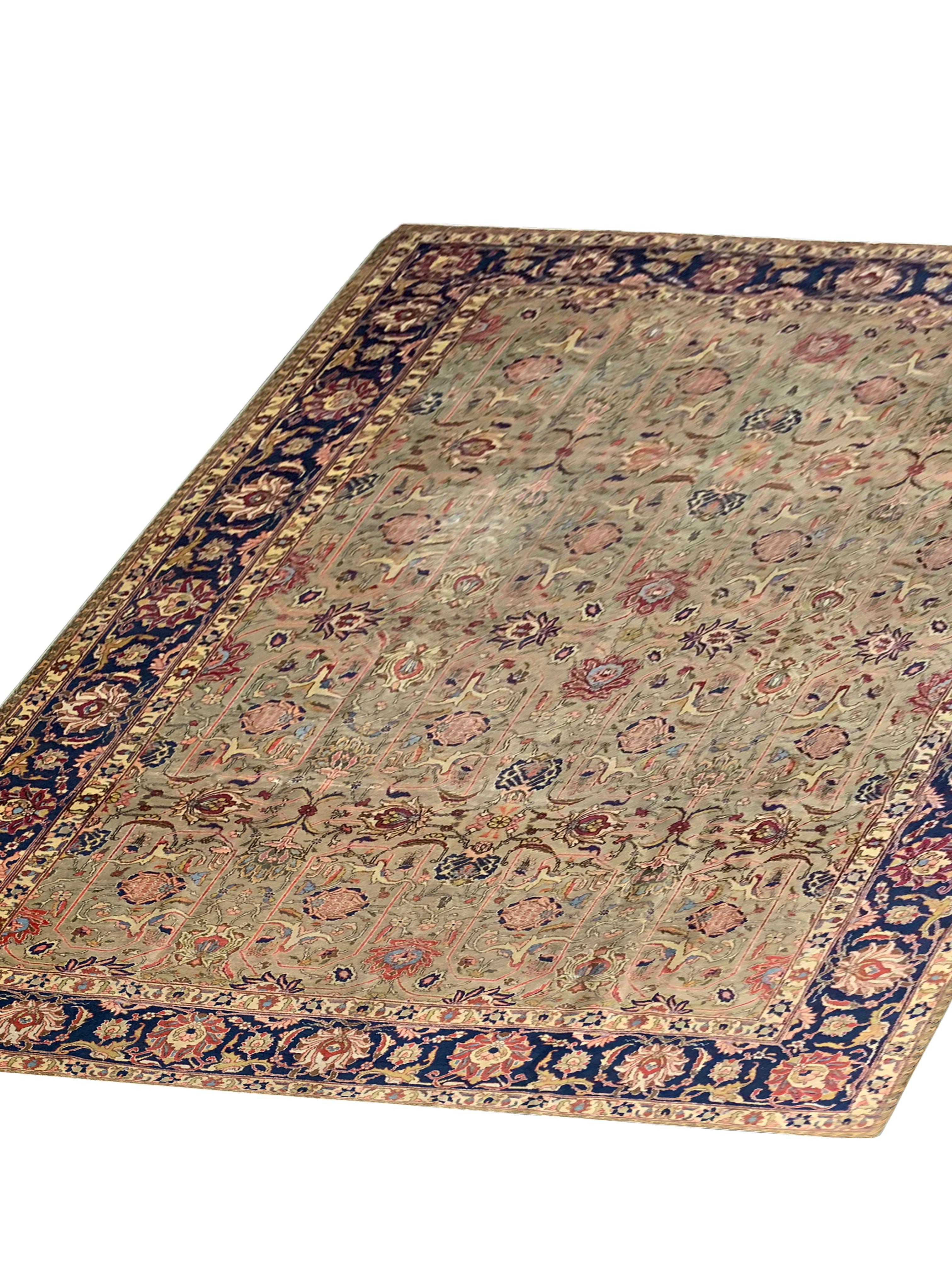 Tribal Large Antique Rug Floral Handwoven Oriental Olive Green Wool Area Carpet For Sale