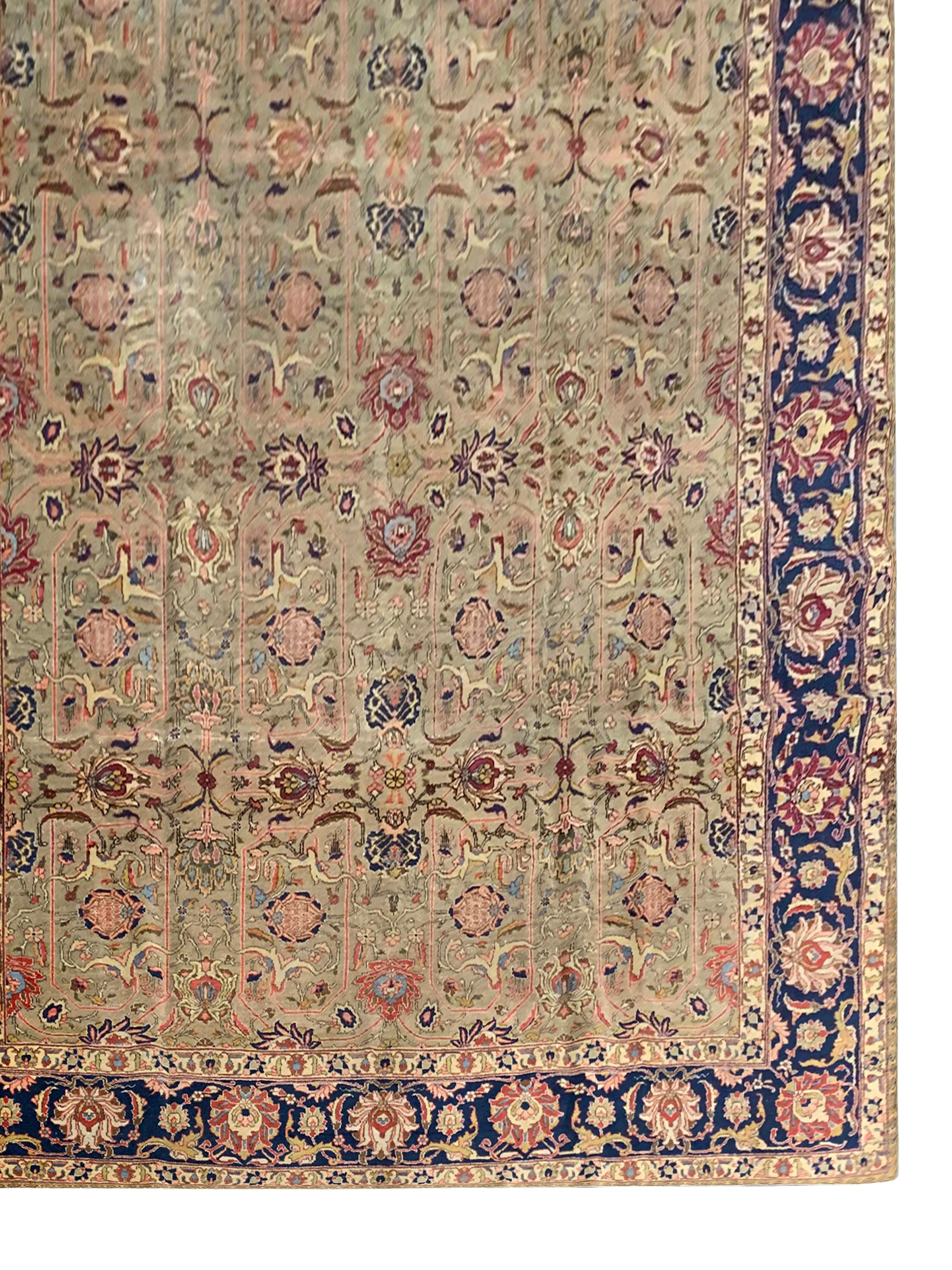 Turkish Large Antique Rug Floral Handwoven Oriental Olive Green Wool Area Carpet For Sale