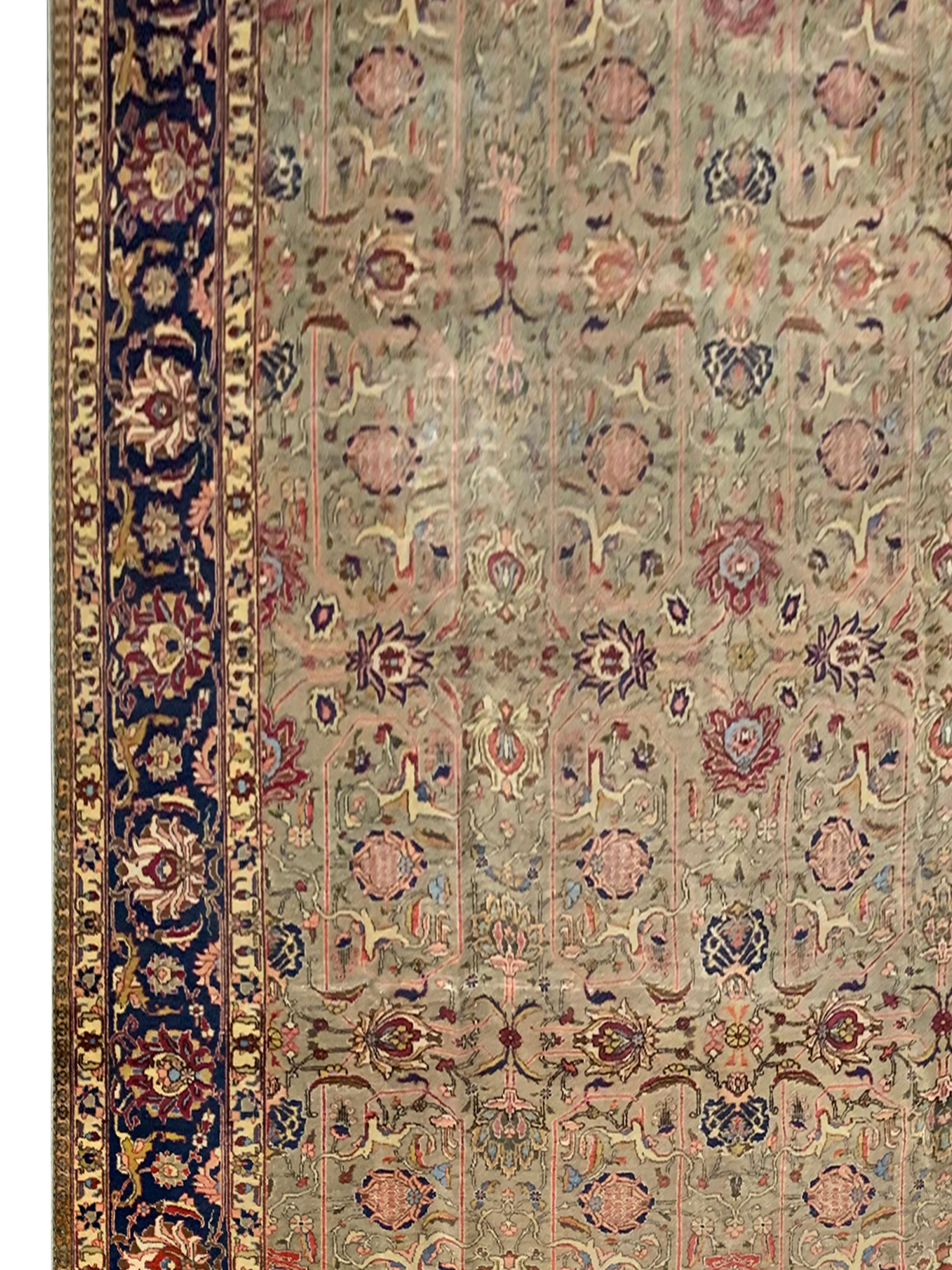 Hand-Knotted Large Antique Rug Floral Handwoven Oriental Olive Green Wool Area Carpet For Sale