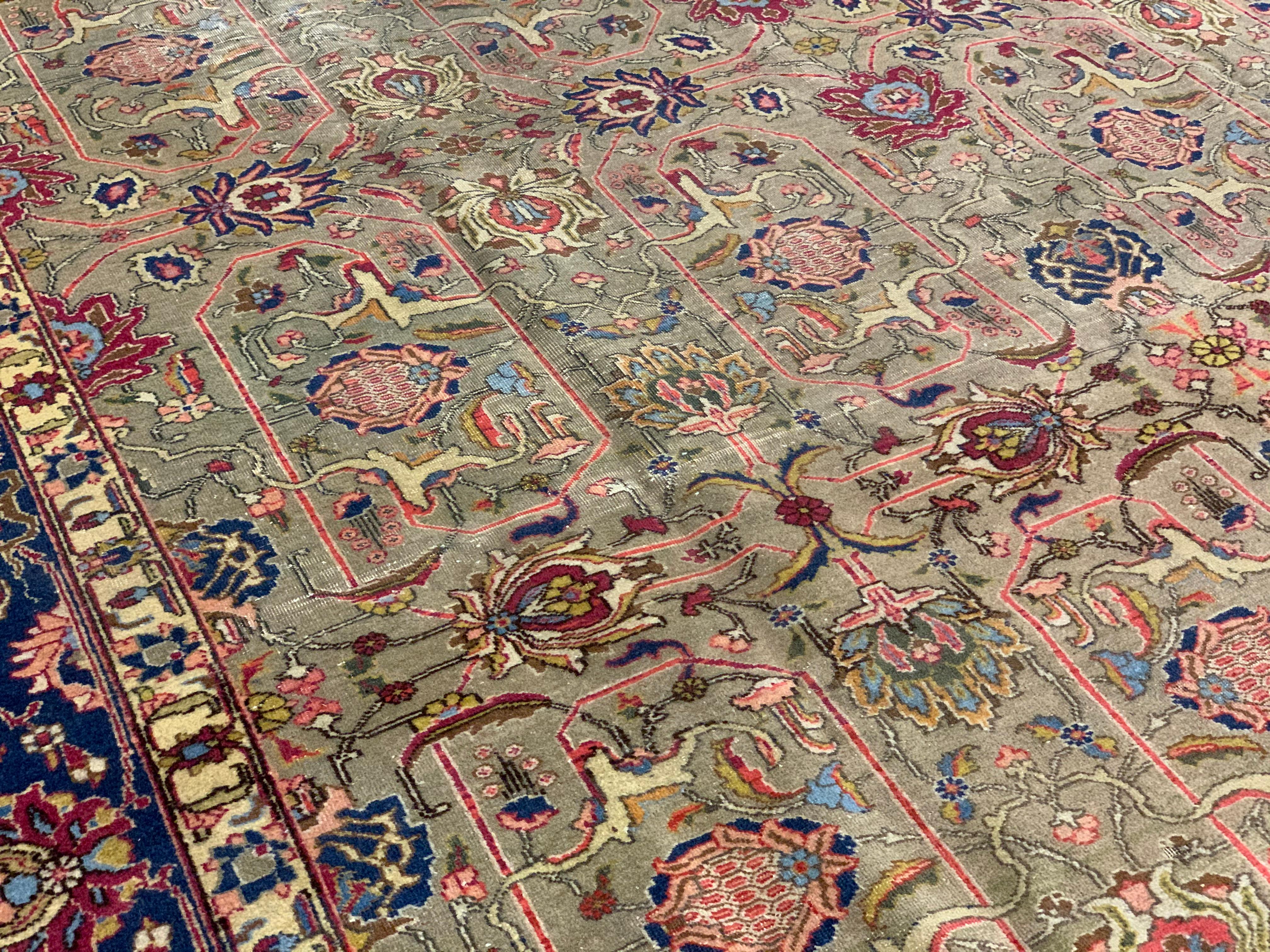 Large Antique Rug Floral Handwoven Oriental Olive Green Wool Area Carpet For Sale 2