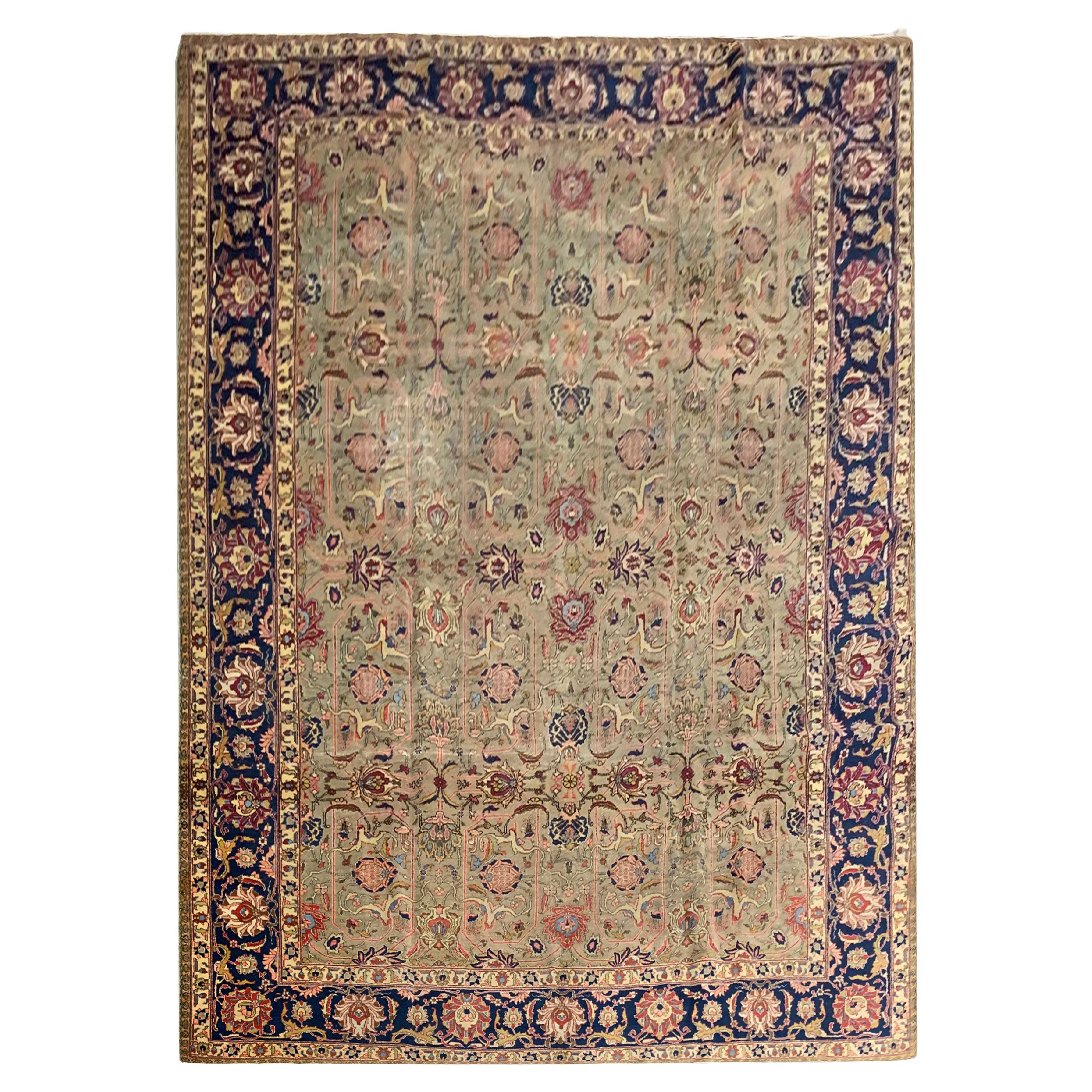 Alfombra antigua grande Floral tejida a mano Alfombra oriental de lana verde oliva en venta