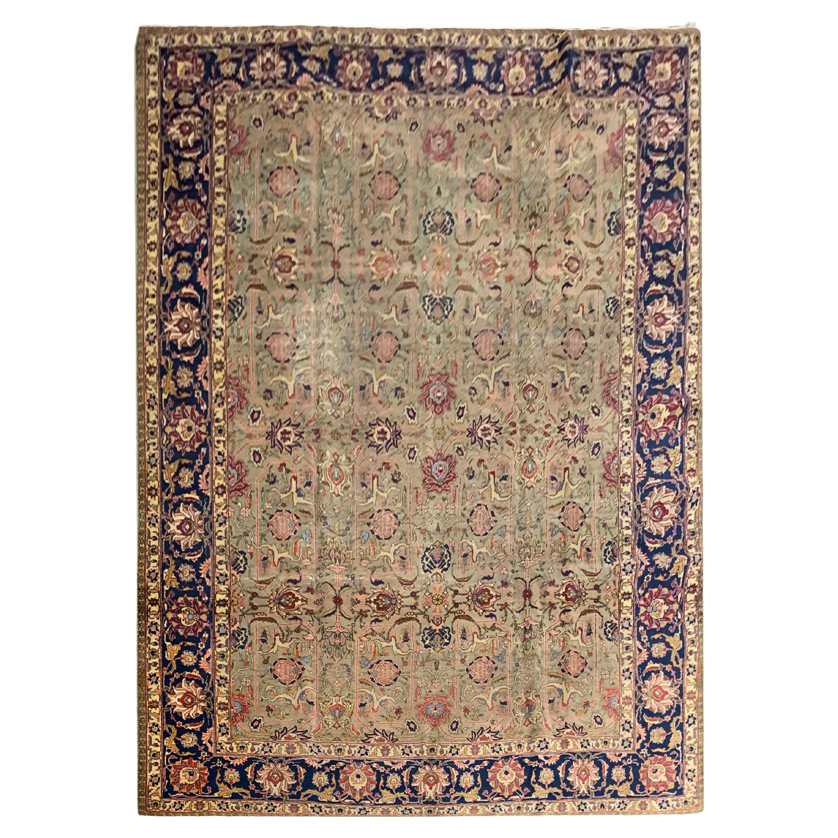 Large Antique Rug Floral Handwoven Oriental Olive Green Wool Area Carpet For Sale